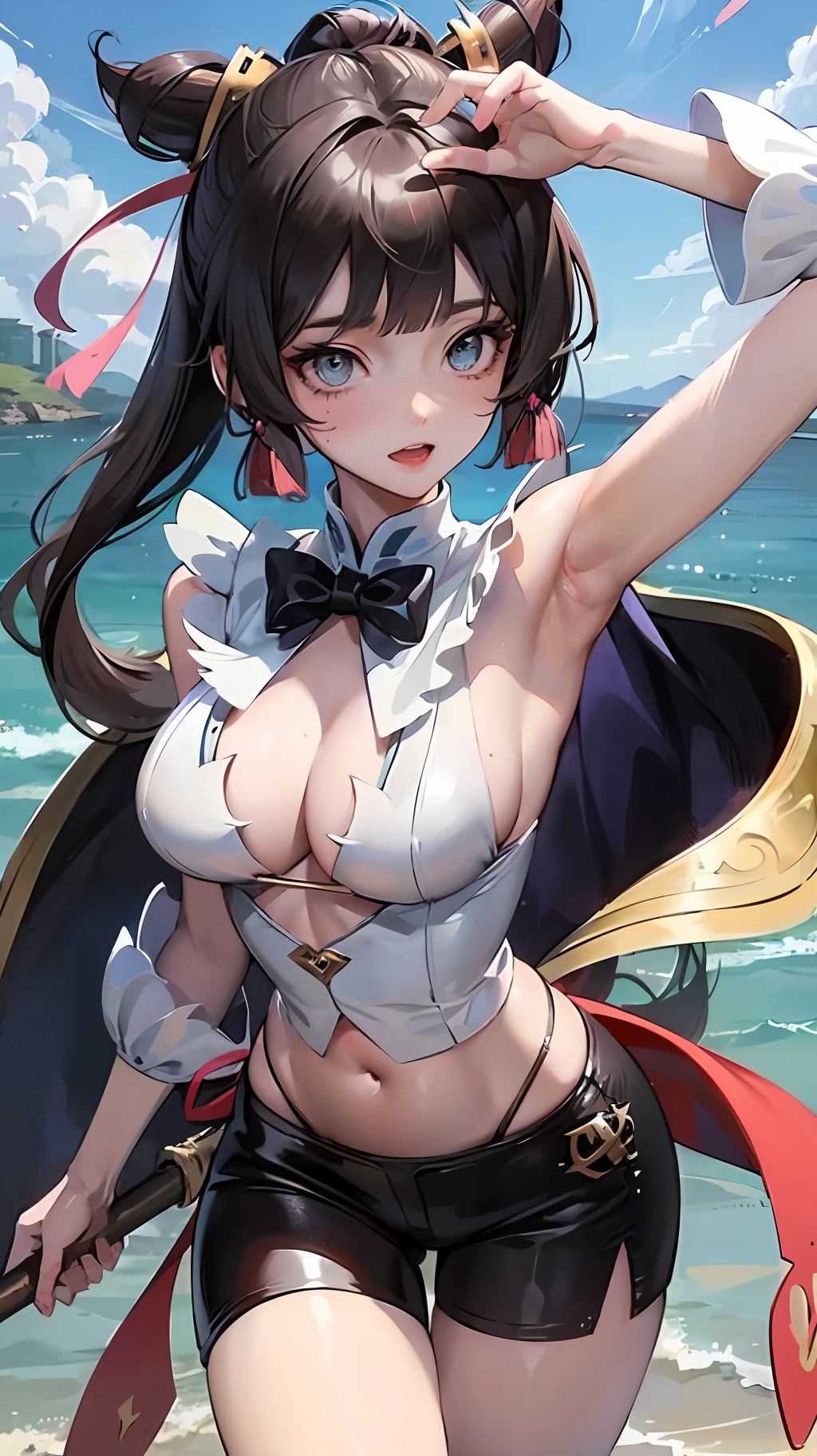 anime girl with big breast posing in front of a lake, small curvy loli, oppai, detailed digital anime art, extremely detailed artgerm, fluffy chest, seductive anime girl, ayaka genshin impact, anime goddess, hestia, detailed anime artwork, black - haired mage, marin kitagawa fanart, overdetailed art, artbook artwork