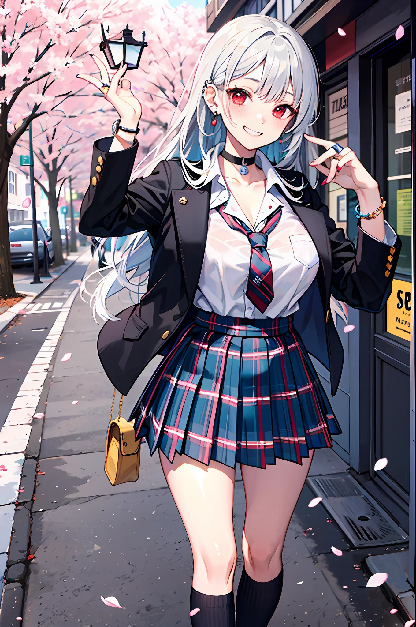 Masterpiece, Superb Piece, Full Body, 1girl, Bangs, Black Choker, Black Tie, Silver White Hair, Blue Skirt, Blush, Bracelet, Beautiful Breast, Choker, Waist Clothes, Collarbone, Collared Shirt, Denim Photos, Dress Shirt, Ear Piercings, Eyebrows Visible Through Hair, Gradient Hair, Grin, Gyaru, Jewelry, Kogal, Long Hair, Look at the Audience, Loose Tie, Tie, Piercing, Plaid Skirt, Plaid Skirt, Pleated Skirt, Red Eyes, Ring, School Uniform, Shirt, Skirt, Smile, solo, white shirt, street, sky, cherry blossoms, petals, illustration, (magazine: 1.3), (cover style: 1.3), fashion, woman, vibrant, attire, pose, front, colorful, dynamic, background, element, confident, expressive, hold, statement, attachment, majestic, coiled, around, touch, scene, text, cover, bold, eye-catching, title, fashion, font, catchy, title, bigger, eye-catching, modern, stylish, focused, stylish,