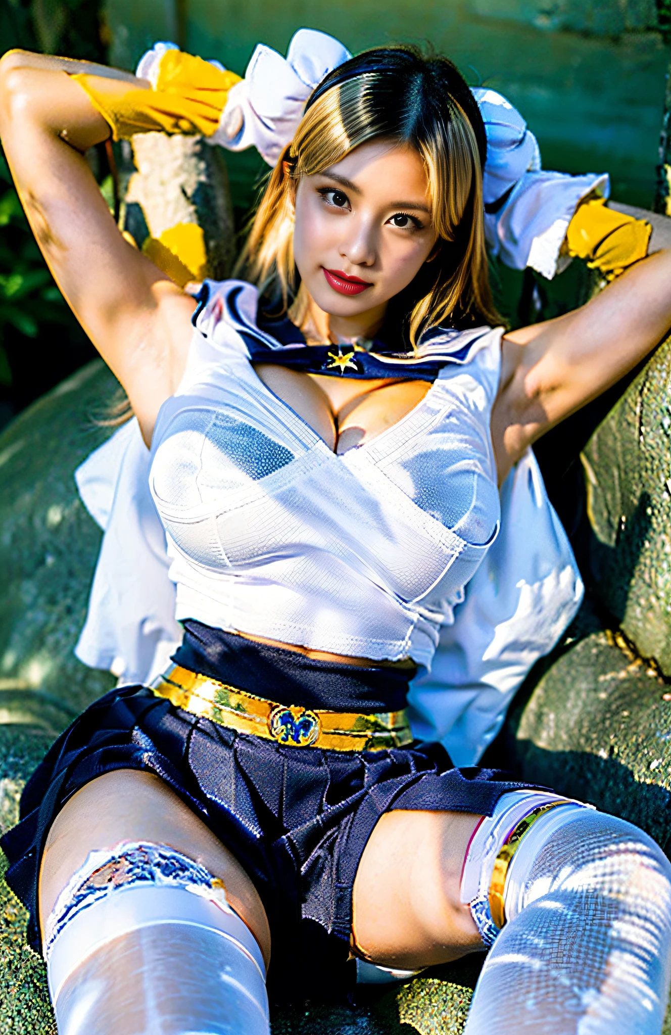 ((Sailor Moon costume: 8)) from Sailor Moon, Best Quality, Ultra High Resolution, Masterpiece, (Realism: 1.6), 16K, (1girl with open belly), (Big: 2, Thick thighs: 2), (Short blue skirt: 3, Long white blonde hair: 1.3, White stockings), random pose, at the beach, (huge breasts, cleavage)