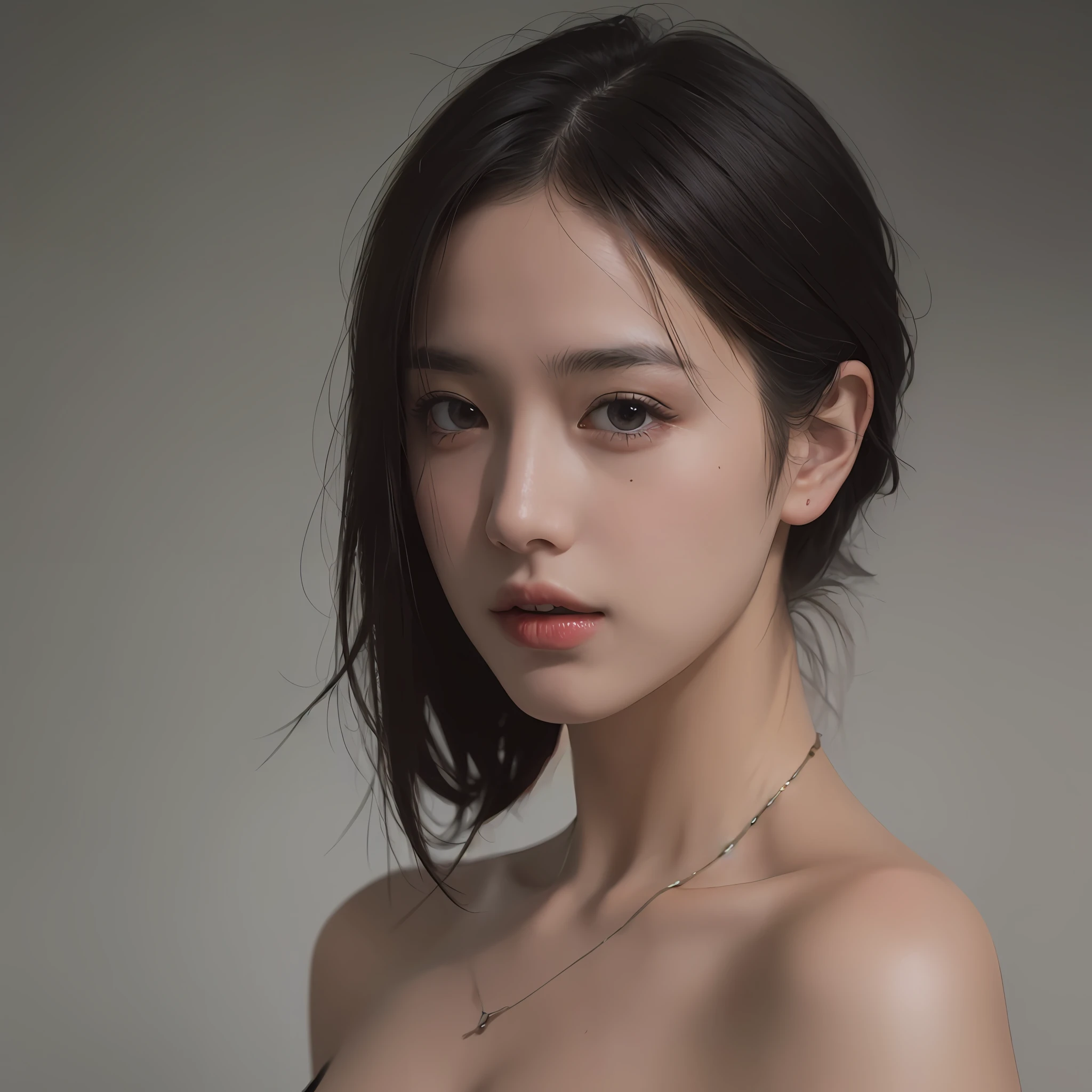 Best quality, masterpiece, ultra high res, (photorealistic:1.5), raw photo, 1girl, offshoulder, in the dark, deep shadow, low key, cold light, sexy look, short hair
