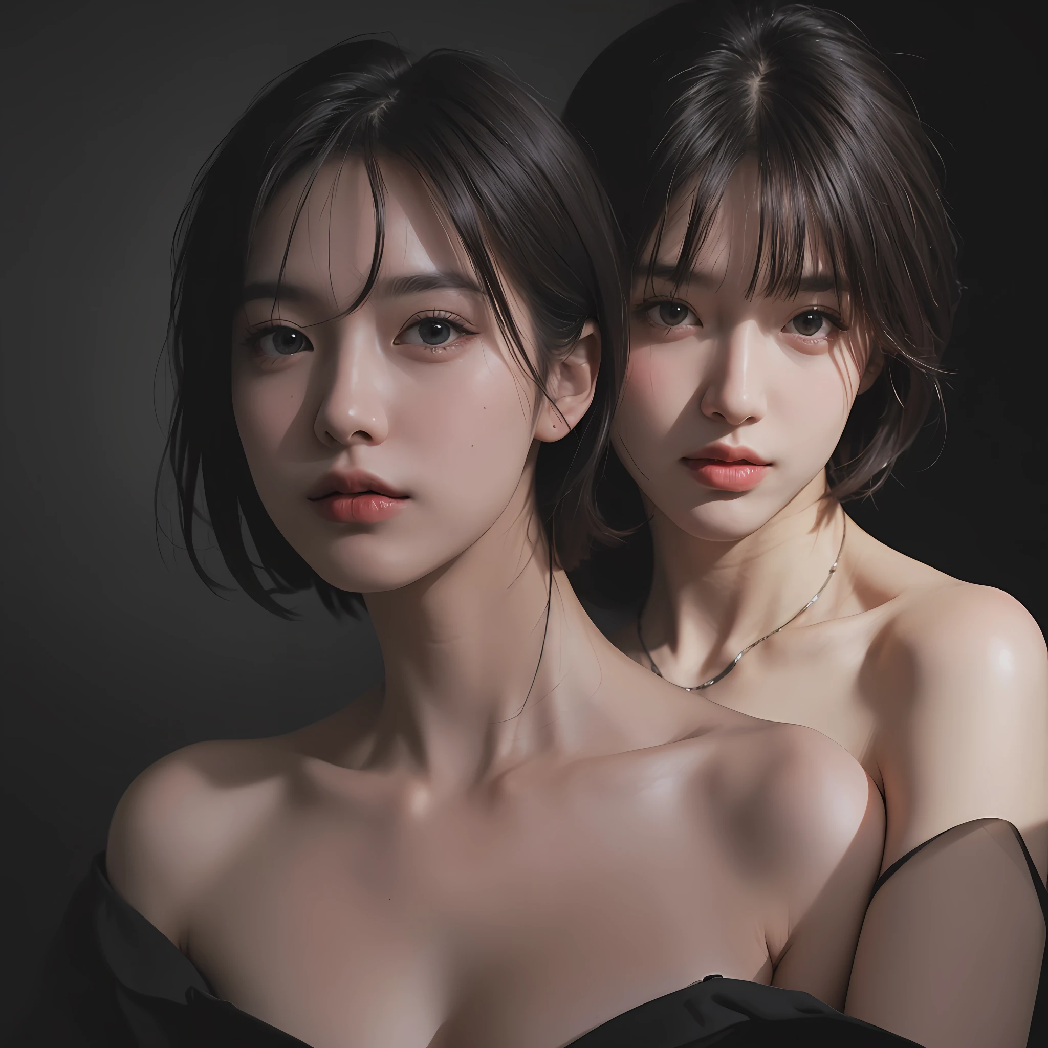 Best quality, masterpiece, ultra high res, (photorealistic:1.5), raw photo, 1girl, offshoulder, in the dark, deep shadow, low key, cold light, sexy look, short hair