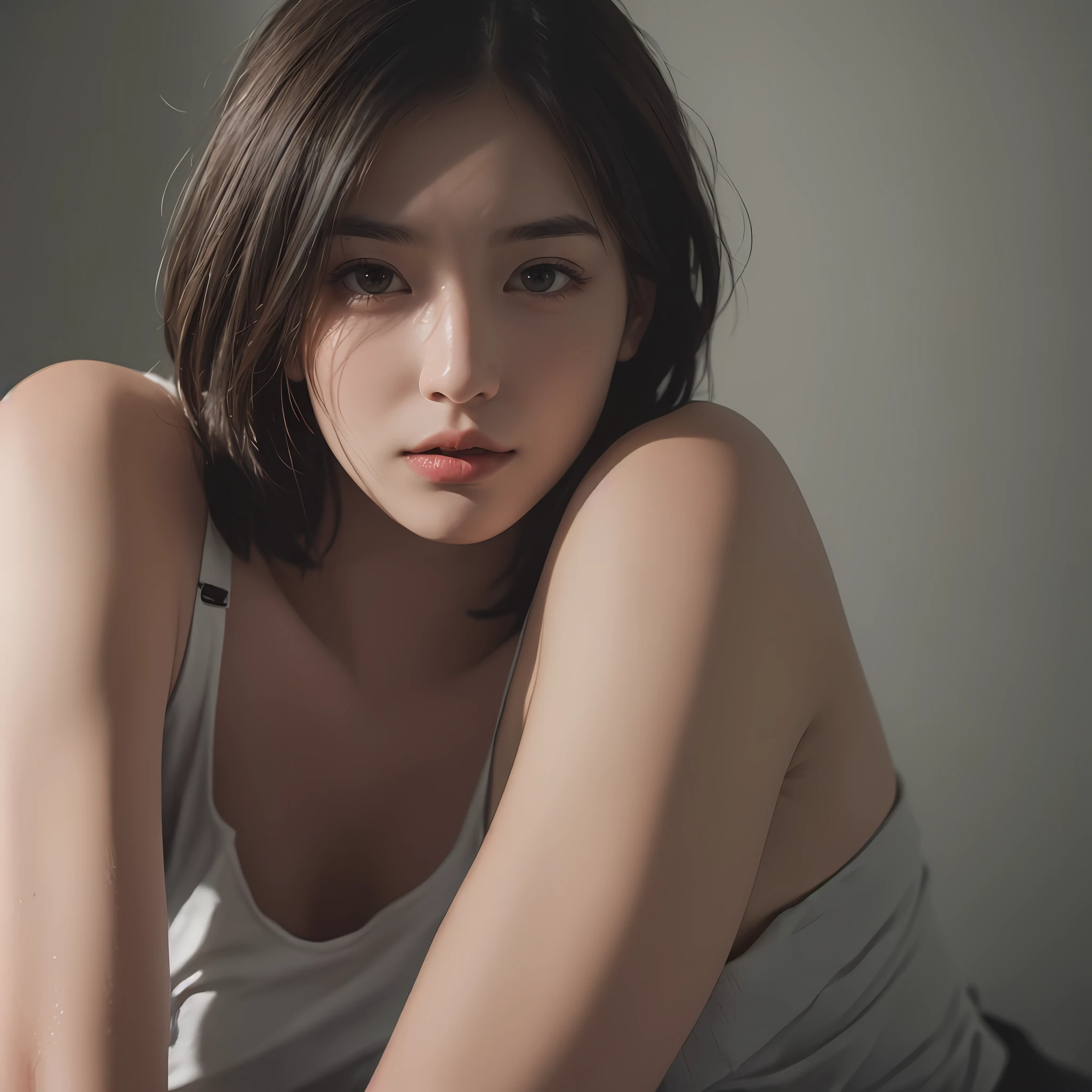 Best quality, masterpiece, ultra high res, (photorealistic:1.5), raw photo, 1girl, offshoulder, in the dark, deep shadow, low key, cold light, sexy look, short hair