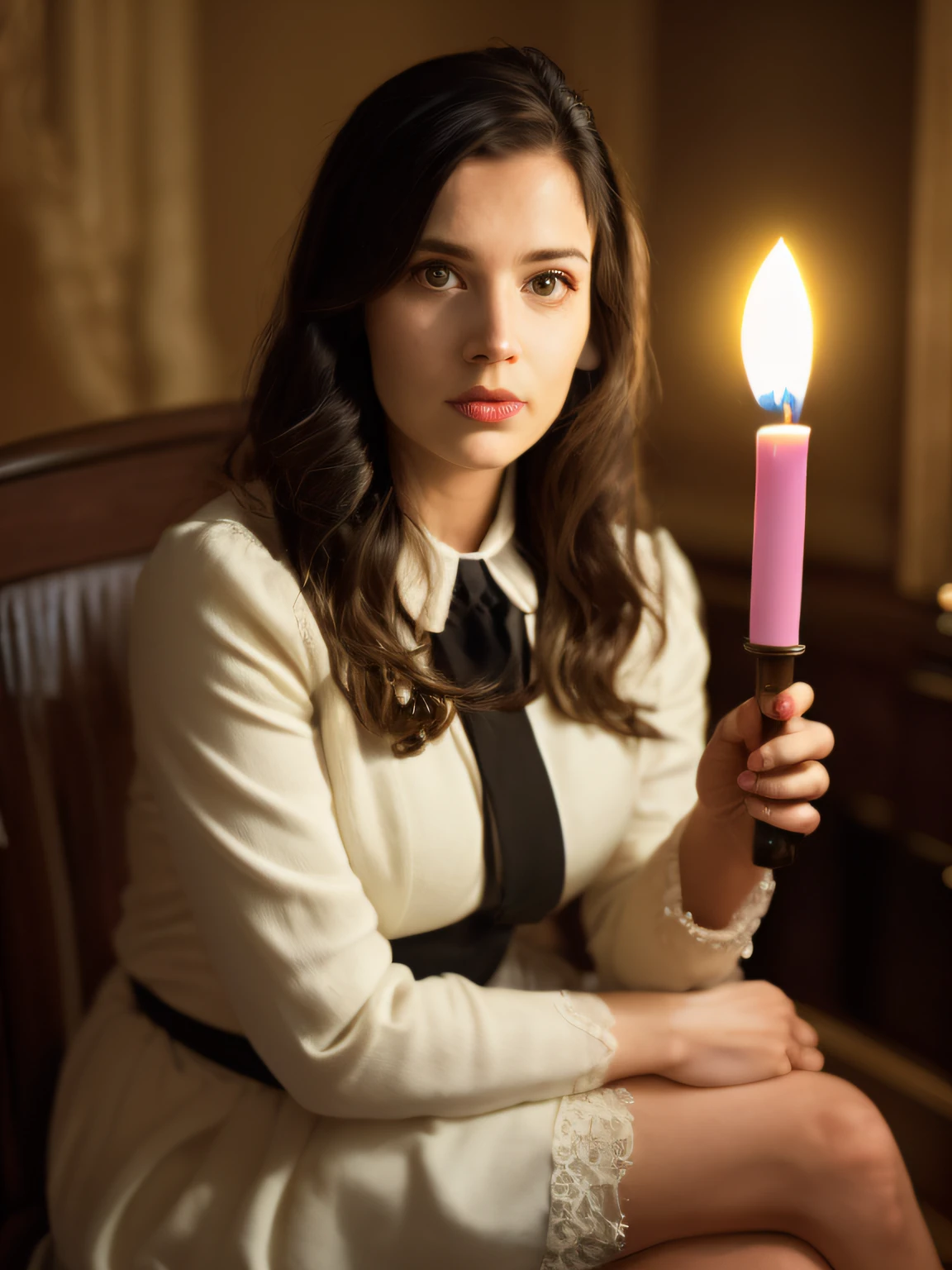 Portrait of a 28-year-old black-haired English woman dressed in the style of the 1940s, seated, holding candle with bright light in her right hand, (dark private study, old furniture, soft lighting: 1.3)