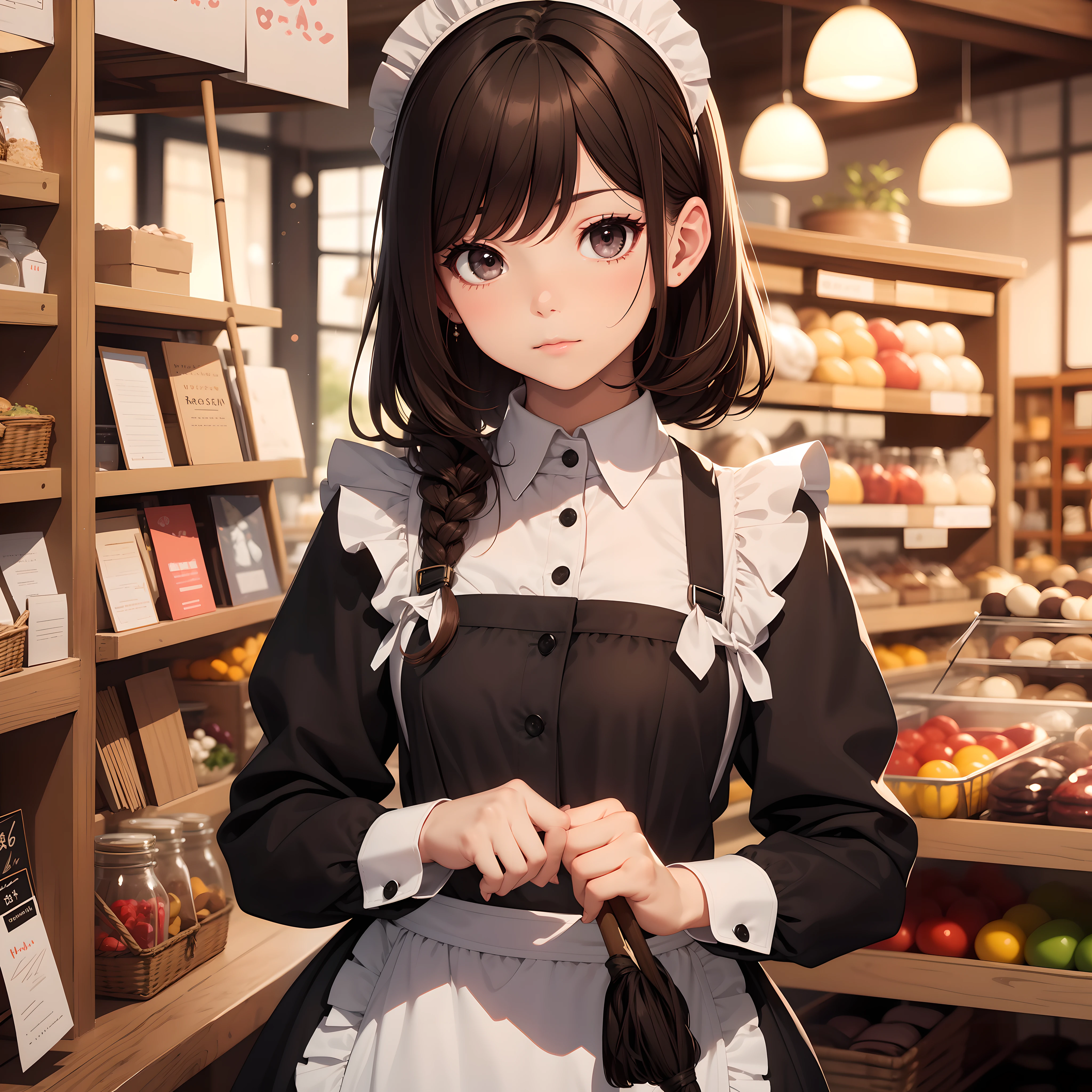 Photographic tone, (Bokeh: 1.2), High definition, Master-piece, 1girl, brown hair with beautiful quirky hair, kawaii black eyes, maid clothes with stick tie, light makeup, working hard at a kawaii general store,