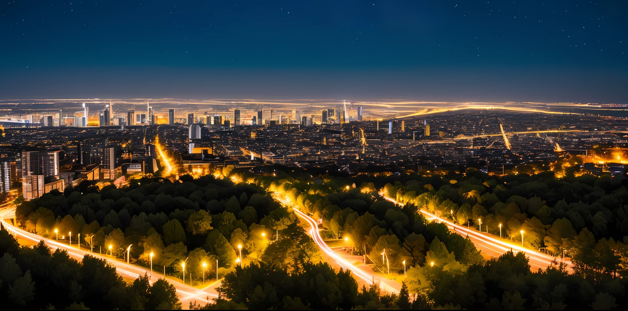 Modern city, surrounded by trees, night, illuminated, plants,