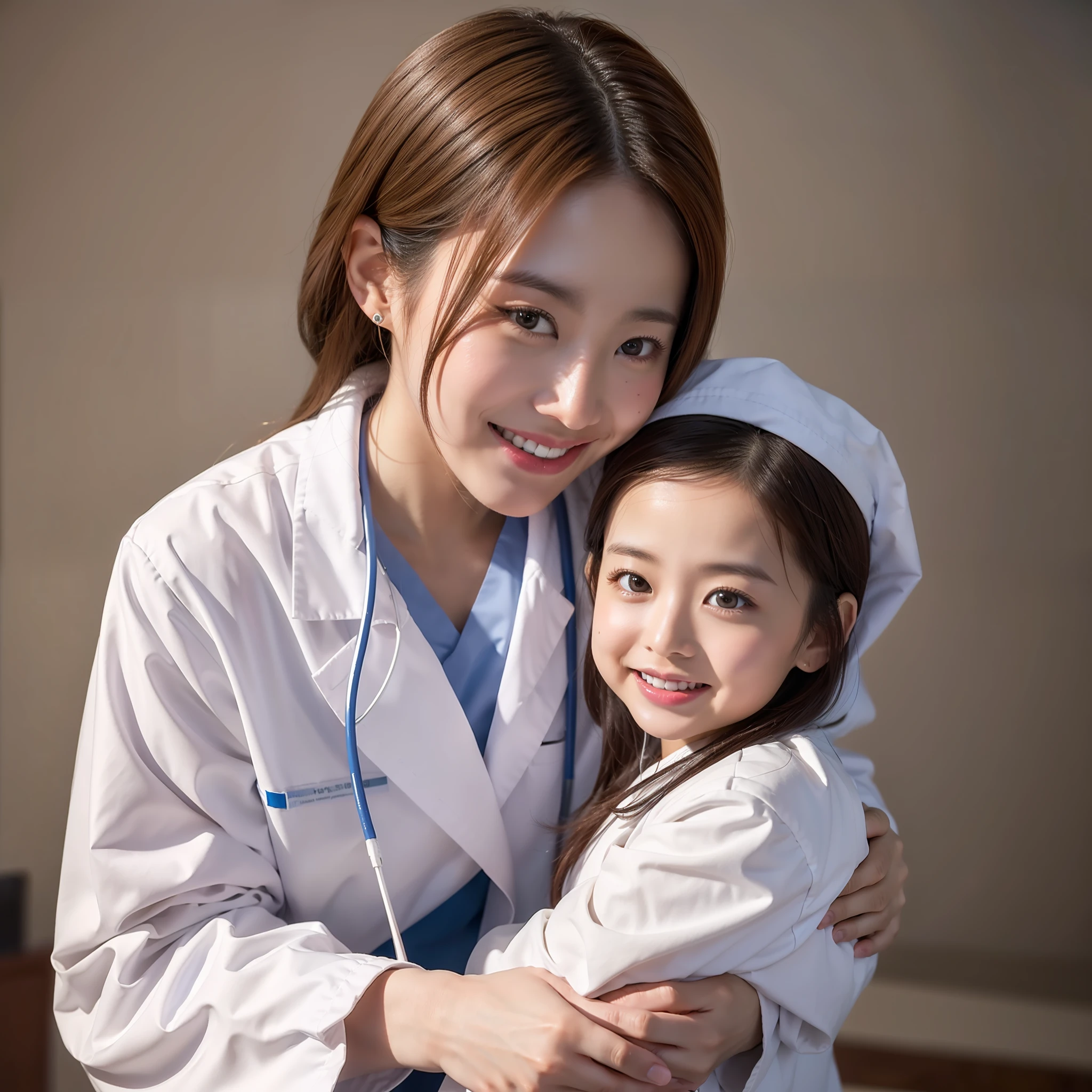 Young female doctor, wearing a white doctor's robe, crouching, talking to a patient, smiling, touching the child's head, side, (masterpiece), (photorealistic), (8k), (super realistic film)