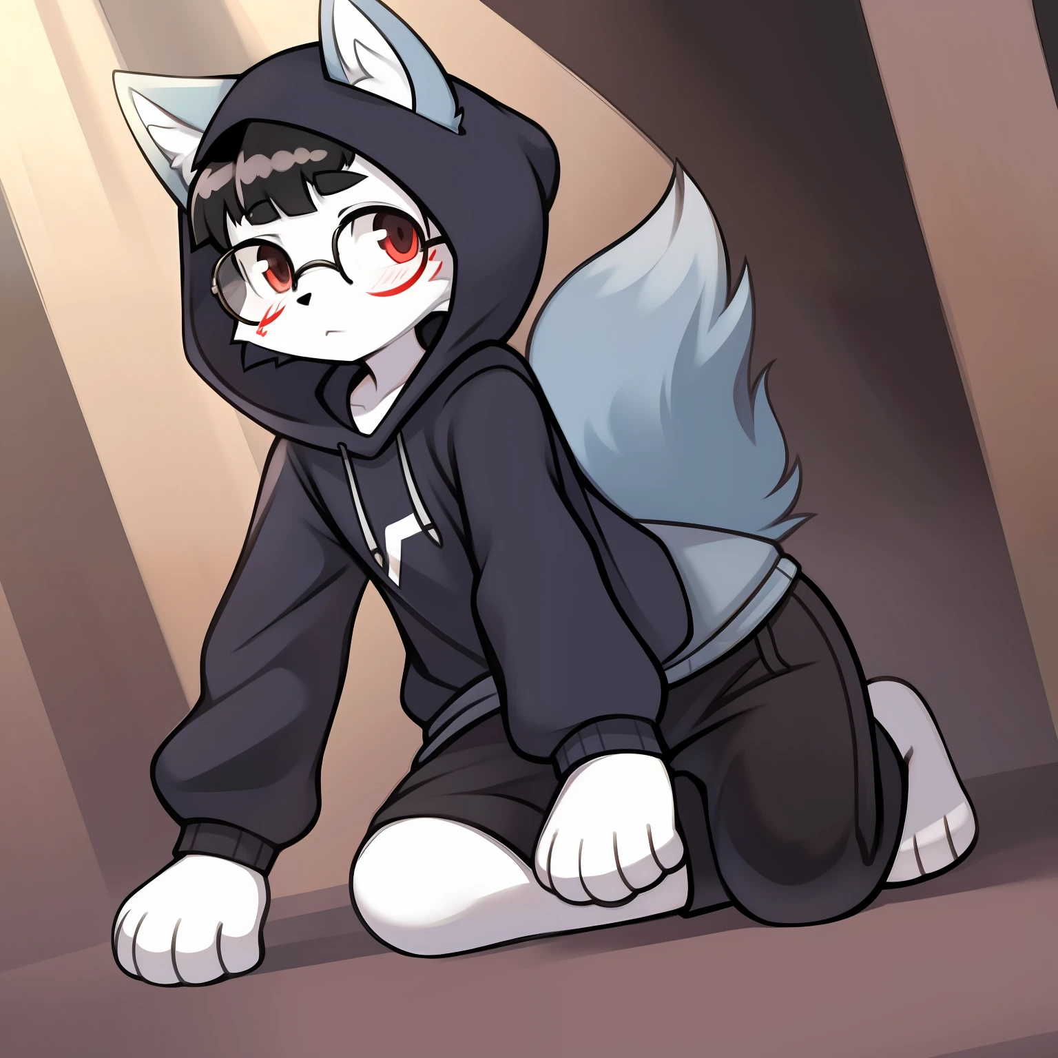 Furry, dark-eyed, soloist, furry, furry male, juvenile, full body fur, fluffy fur, white paws, gray-blue fur, white fur, gray long dark blue sweatshirt, gray long black pants, black hair, black glasses, fluffy blue tail, short hair, hood, boring, serious, black hair, sweeping bangs, high detail, reference sheet, forehead mark