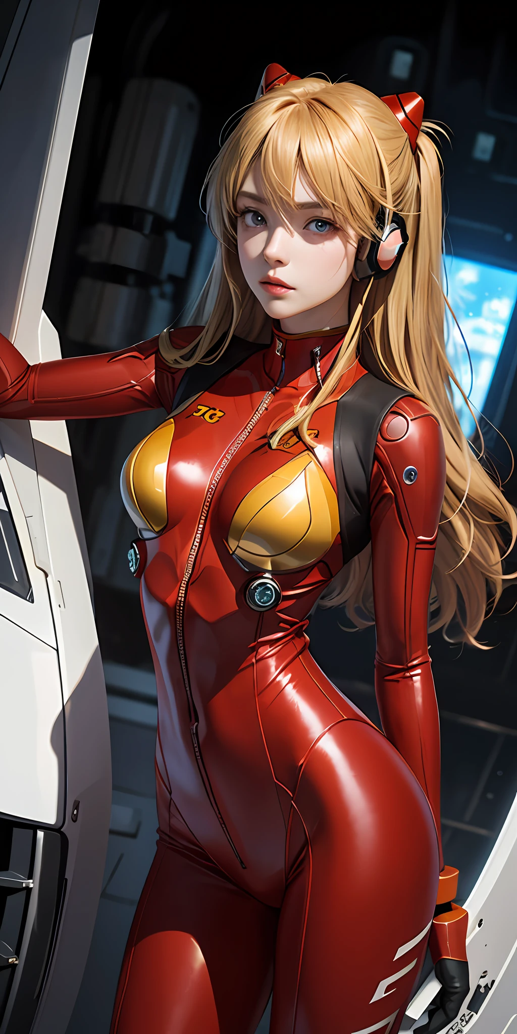 (Overhead view),dynamic angle,ultra-detailed, illustration, close-up, straight on, 1girl, 
 ((souryuu asuka langley, interface headset, red bodysuit:1.4, blonde)),Her eyes shone like dreamy stars,(glowing eyes:1.233),(beautiful and detailed eyes:1.1),(expressionless,closed mouth),(standing), 
(mechanic room with toolsand spaceship windowin a white SPACESHIP),
(night:1.2),dreamy, [[delicate fingers and hands:0.55]::0.85],(detail fingers),