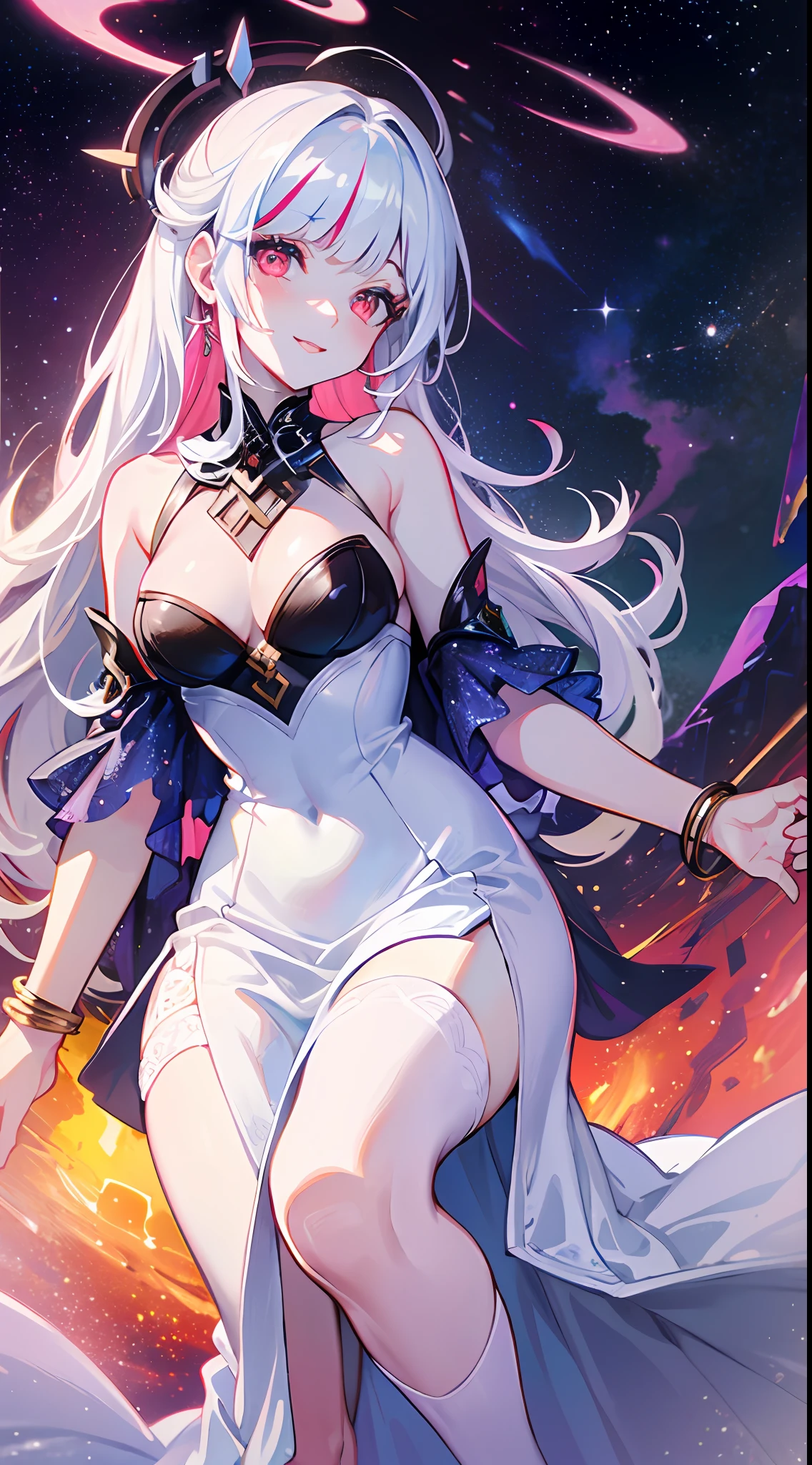 (simple hands:0.5)+(detailed hands:0.7), (masterwork), (best quality), white hair, red eyes,1girl, pale skin, white hair, red eyes, two tone hair, eyelashes, bracelet, jewelry, smile, gleaming skin, shiny hair, detailed and majestic stage, Fantasy, Long Hair, 1 girl, two-tone hair, night sky, Incredibly detailed CG illustration masterpiece, looking at you, anime, beautiful anime eyes, beautiful detailed eyes, eyes, glittering eyes, red eyes, galaxy, nebula, (full body), (curvy), POV, wet neckline, (thick thighs), 4k hd, ultra realistic, perfect body, perfect lips, perfect nose, perfect eyes, looking at the viewer, Neon, Neon Lights, Bright Colors, Toga, Angelic, Halo, Punk, Rock, Goth, Pale Skin, White Skin, Sleeveless Outfit, Thigh Highs, Socks, Stockings, White Dress, Flowy Dress, Sexy Dress, Long Dress, Sleeveless Dress, White Gown, White Dress