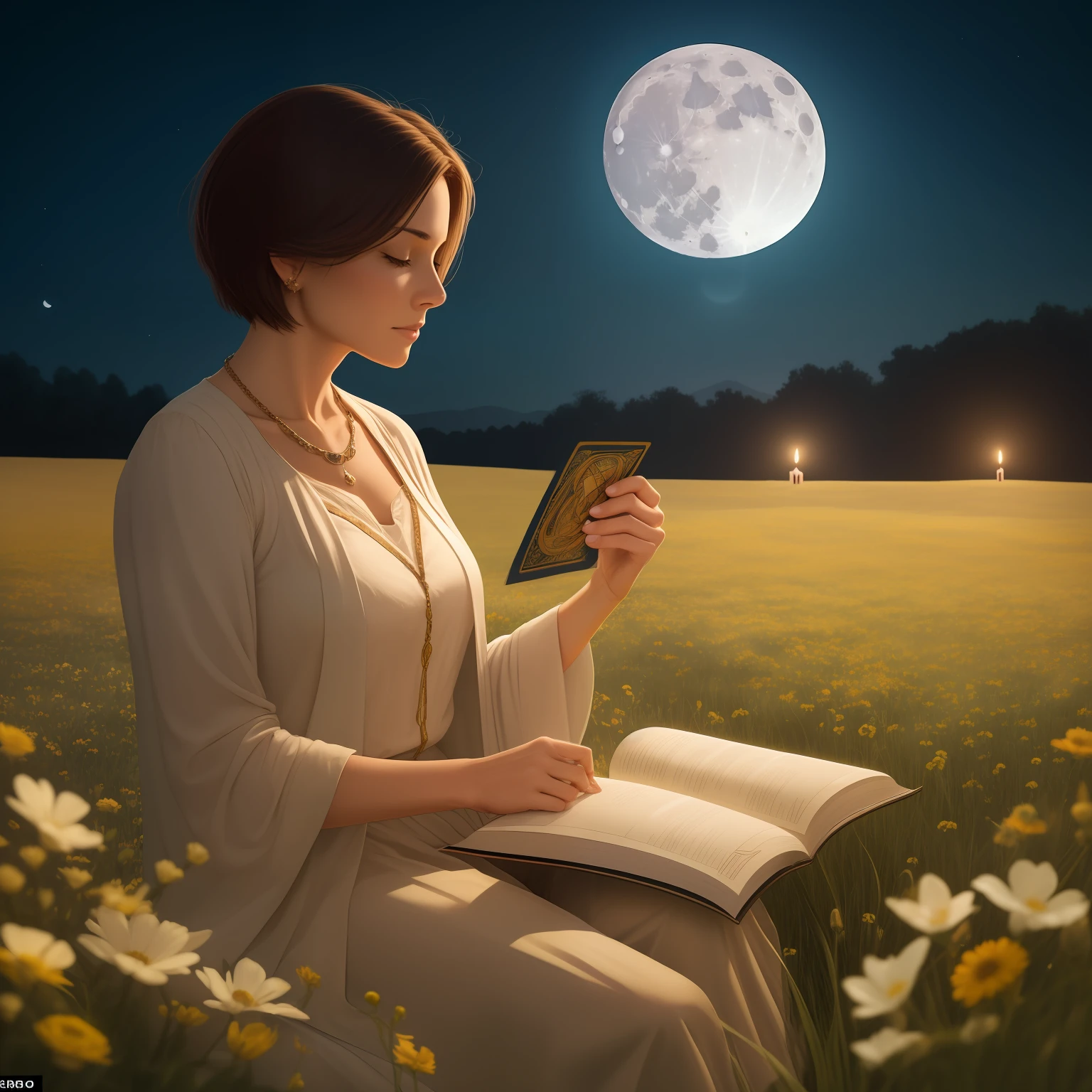 Woman of 40 with short hair in light brown color, detailed face, wearing tarologist clothes, reading mythological tarot cards to someone else, in a flowery field, with lit candles, full moon, late afternoon, ultra realistic