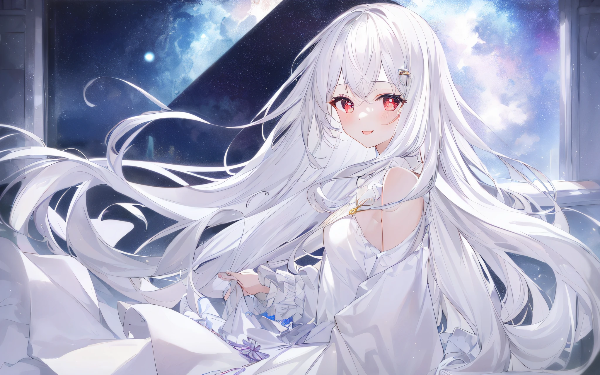 1girl, full body, denim photo, (Rembrandt), illustration, (masterpiece), (best quality), (ultra_detailed), finely detail, (Depth of field), gloves, long hair, star\ (symbol\), looking at viewer, (Silver hair:1.2), red eyes, upper body, hair ornament, :p, frills, pink shirt, smile, sleeveless, shirt, idol, symbol-shaped pupils, hands up, brags smile, sleeveless, shirt, idol, hands up, bangs, side up, arms up, skirt pulling, roaring twenties, isometric, seen from above, sky, flowers, cliffs，