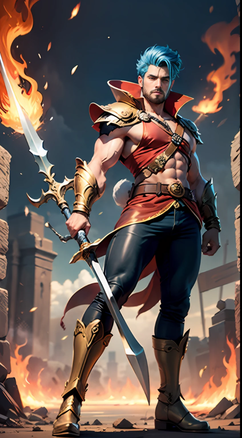 (Best quality: 1.3), (Masterpiece: 1.3), (Realistic: 1.4), (Detail: 1.1), young, handsome, mighty, blue hair, short hair, big eyes, sword eyebrows, high nose, thick lips, resolute expression, red pattern on the face, delicate and perfect face, ultra-fine details, flame-like hair ornament, red vest, black pants, red belt, wearing combat boots, tall, strong, muscular, golden arm rings on arms, holding a square halberd, animal claws on both feet, overflowing with divine power, man in heaven, mythological background