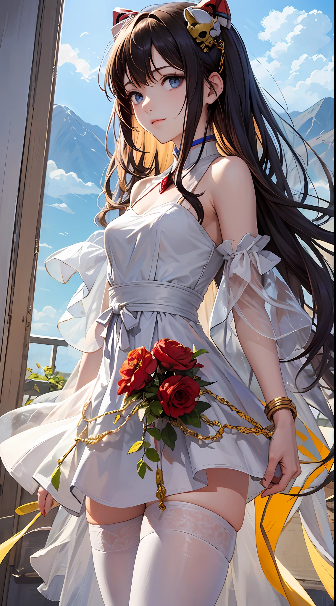 (4k),( best quality), (highres:1.1), (masterpiece:1.1), This beautiful girl stands tall with a height of about 6 feet. she has long hair flowing naturally down his shoulders. she wears a deep blue Hanfu adorned with gold patterns, looking sophisticated and refined. Her clear deep blue eyes seem to shine with radiance.Behind her, a blooming peony flower complements her attractive facial features. In the distance, towering mountains, vast blue skies, boundless seas, and drifting white clouds bring a sense of mystery and nobility to this ethereal girl. She wore a shallow smile on her face. She looks so sweet. She is wearing a semi transparent tulle dress. She is wearing white thighhighs, This girl is souryuu asuka langley, she holds devil skull, (EVANGELION-02 behind her:1.3),