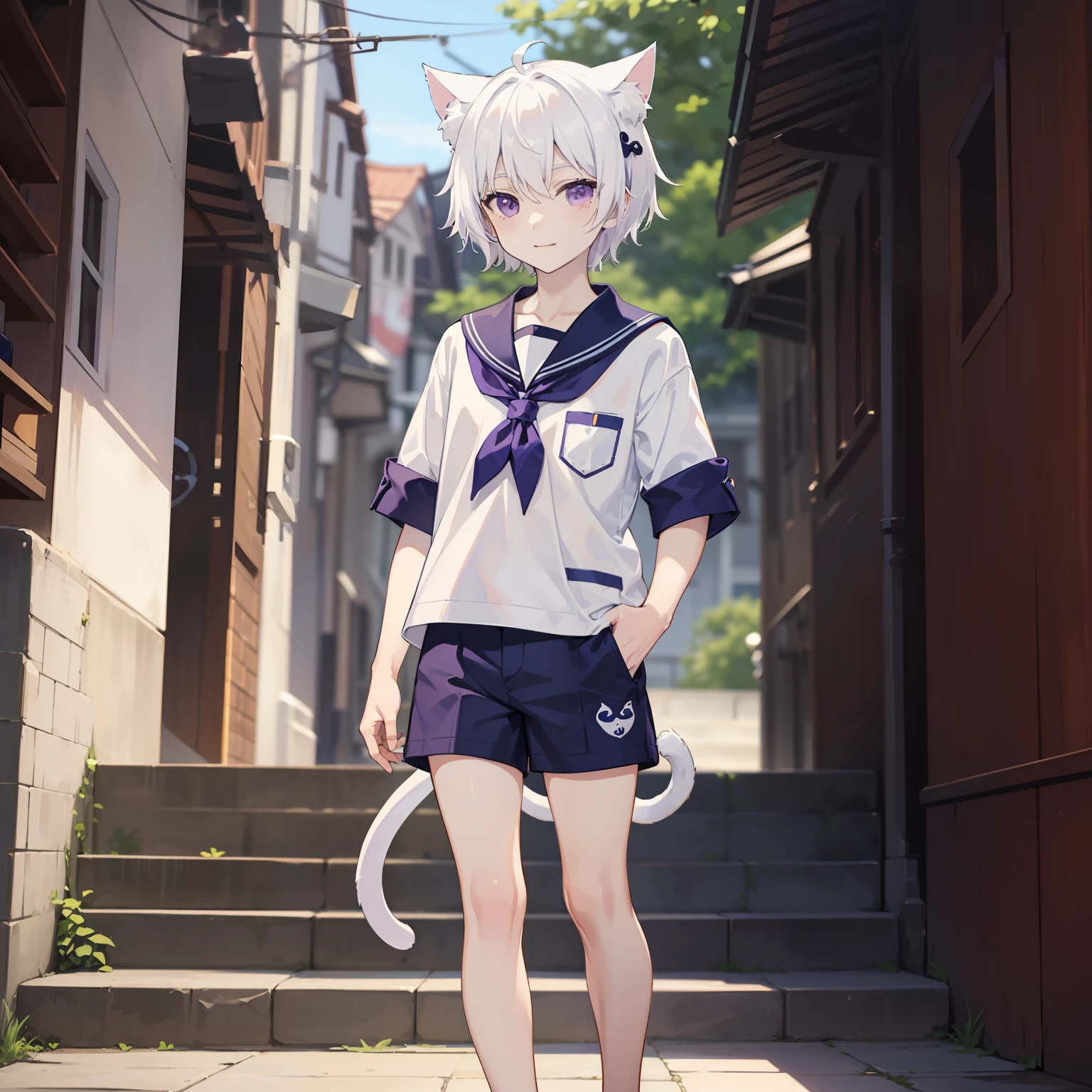 ((pale skin)), (shota), (white tentacles), (short hair), (purple eyes), (white hair), (blue and white striped sailor suit), (blue and white striped shorts), (barefoot), (happy), (cat ear tail), (standing), (handsome), (standing painting)