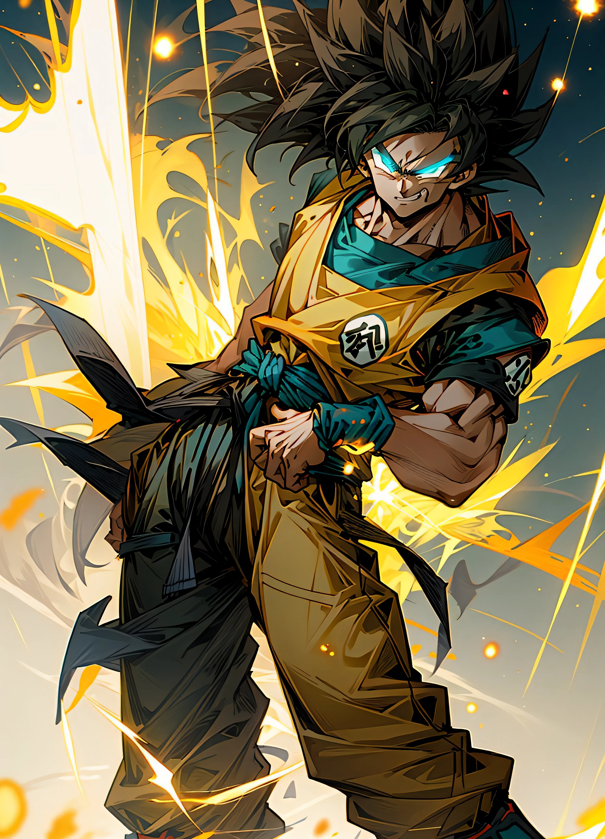 masterpiece, best quality, 1boy, goku, super saiyan goku, ssj goku,training, smiling, angry face, looking to viewer, standing, blonde hair, orange upper, mechanical arms, orange pants, body suit, science fiction, blue belt, blue bangles, dark blue boots, , (aura power:1.4), boots, night, natural light,standing, yellow rays, blue rays, angry eyes, blue eyes, smiling, black hair, male focus, strong muscles, movie composition, deth of field, bokeh, (yellow particles:1.4), floating particles,