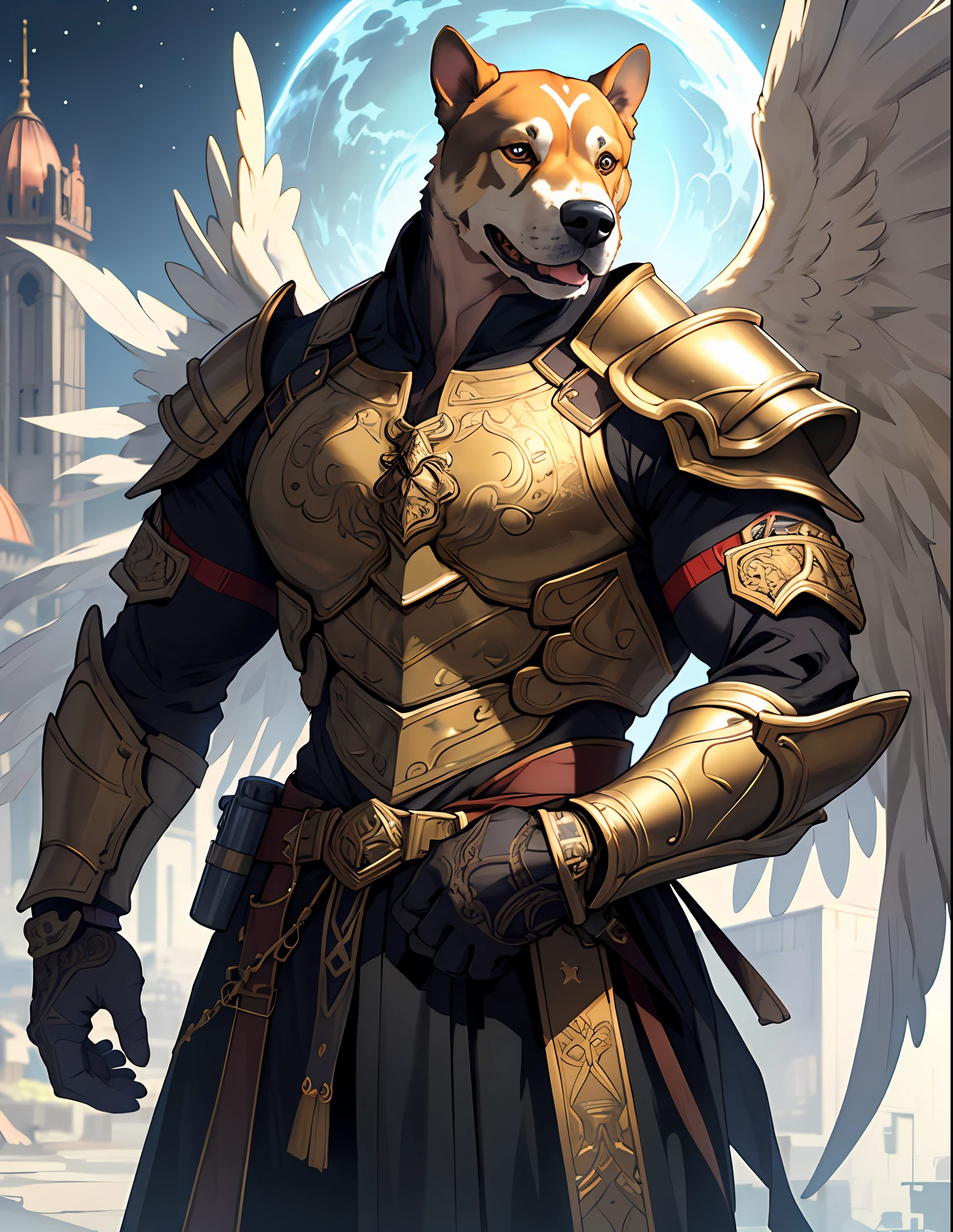 ((raw photo)), Bull terrier, chow chow, American Dog, old English BulDog, Anthropomorphic, AngelDog, breed, wearing armor, intricate detail, Futobot, intricate Greebles pieces, Golden celestial city behind, large wings.