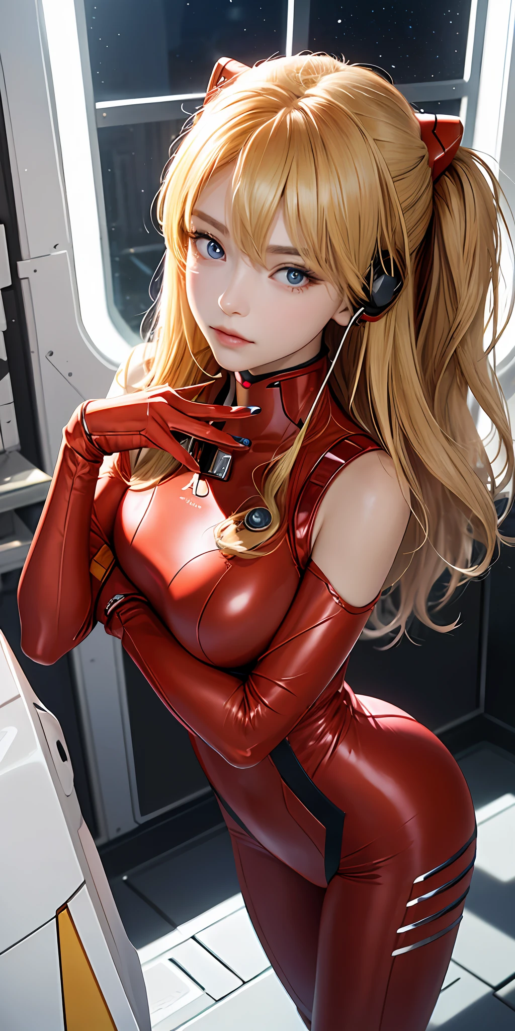 (Overhead view),dynamic angle,ultra-detailed, illustration, close-up, straight on, 1girl, 
 ((souryuu asuka langley, interface headset, red bodysuit:1.4, blonde)),Her eyes shone like dreamy stars,(glowing eyes:1.233),(beautiful and detailed eyes:1.1),(expressionless,closed mouth),(standing), 
(mechanic room with toolsand spaceship windowin a white SPACESHIP),
(night:1.2),dreamy, [[delicate fingers and hands:0.55]::0.85],(detail fingers),
