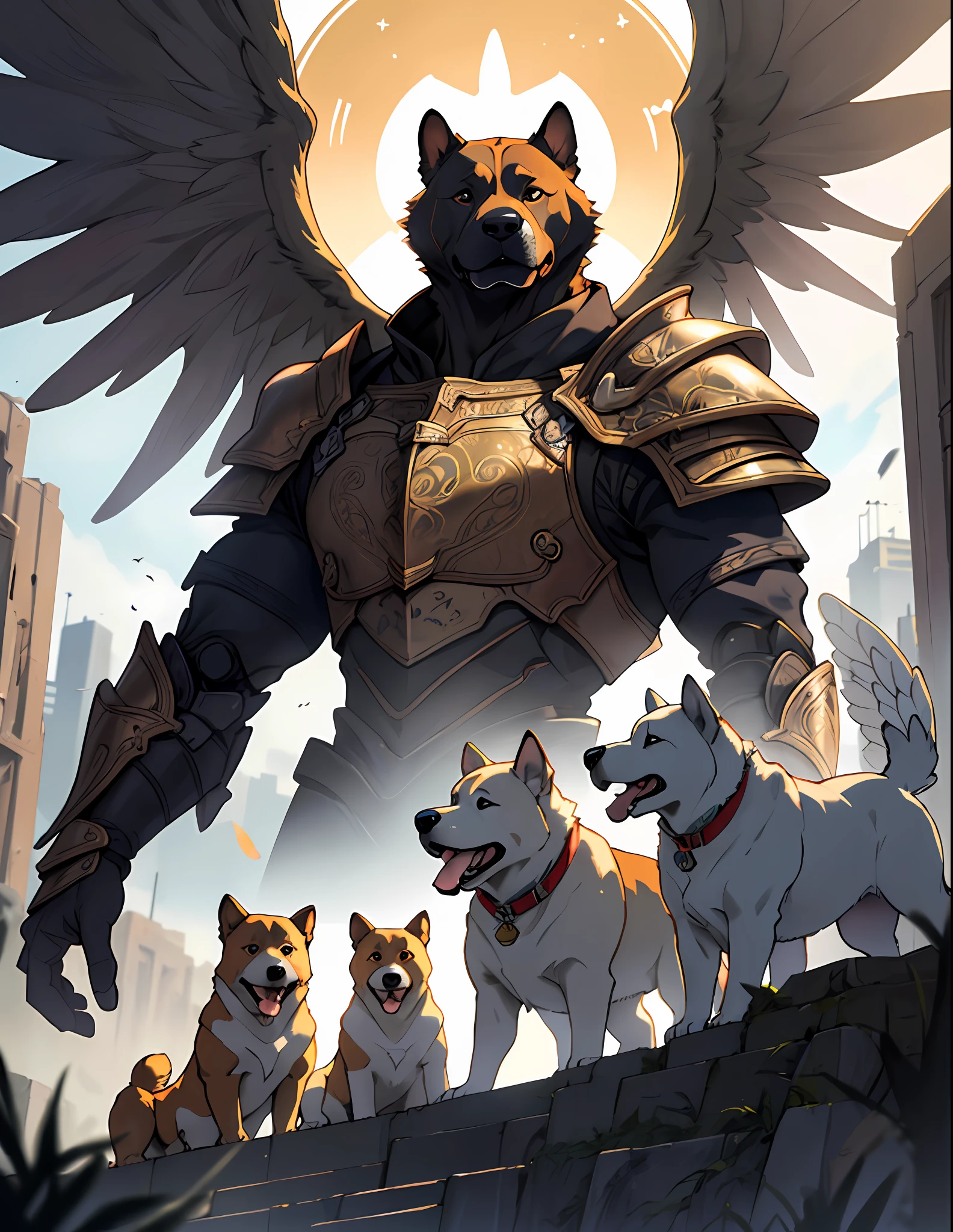 ((raw photo)), Bull terrier, chow chow, American Dog, old English BulDog, Anthropomorphic, AngelDog, breed, wearing armor, intricate detail, Futobot, intricate Greebles pieces, Golden celestial city behind, large wings.