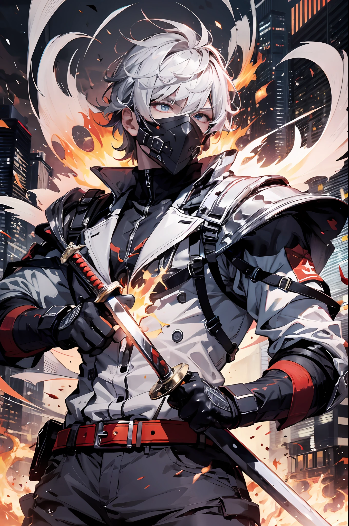 (absurds, great resolution, Hyper detailed), master masterpiece,, bestbestquality, a man in white outfit, wielding sword, sword surrounded by flame, solo, handsome,, Fine Eye, Detailed Face, cropped hair, white hair, vibrant red eye, ruined city, with a black background,Dark lines, frombelow, look down, Cowboy Shooting, swirl, vortex, spark