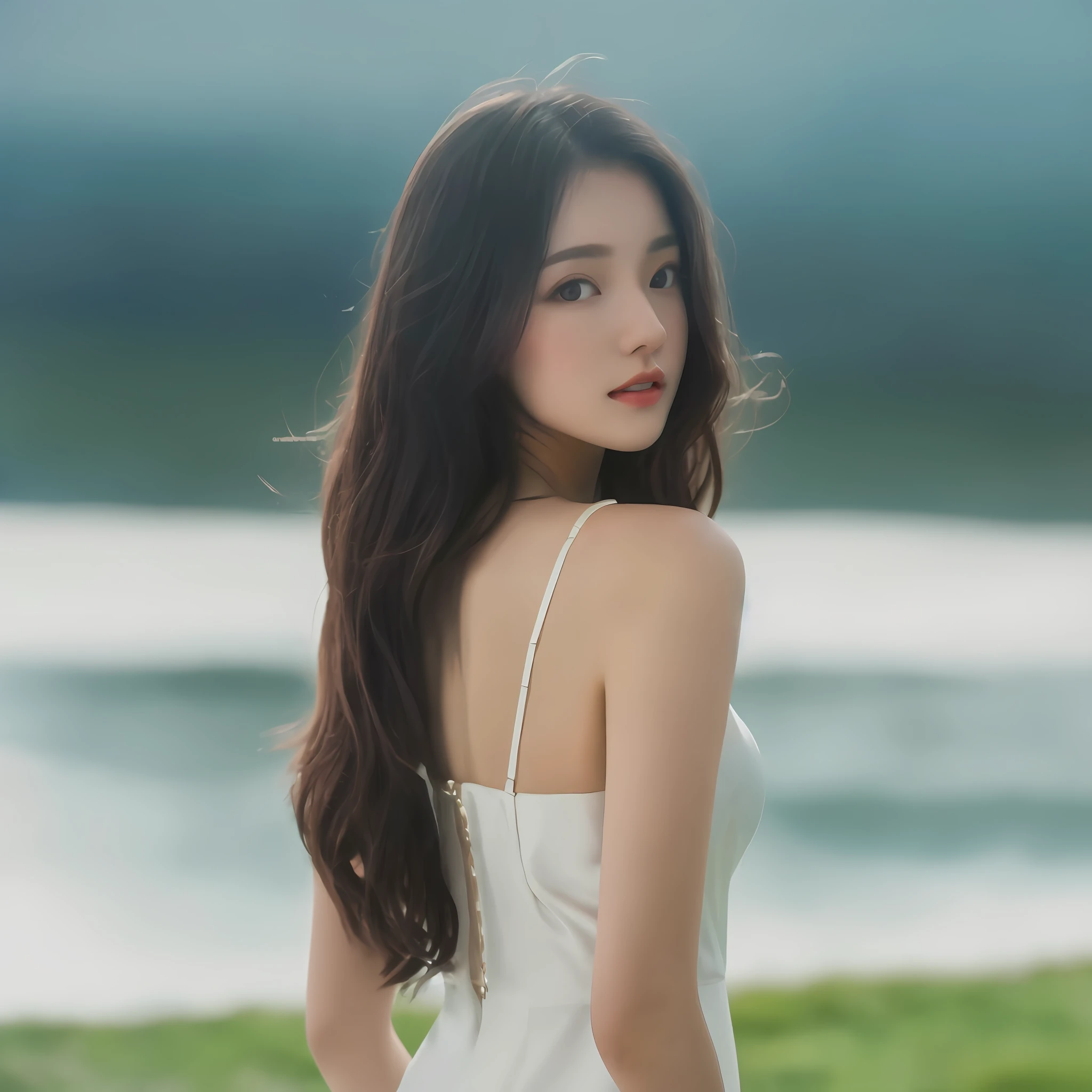 Best quality, 8k, 32k, masterpiece, UHD: 1.2), big boobs, big breasts, 1 woman, 22 years old, very beautiful slim legs, wearing silk clothes, very beautiful slender legs, light milky porcelain skin, seaside, milky skin, slender legs, beautiful slim legs, white clothes