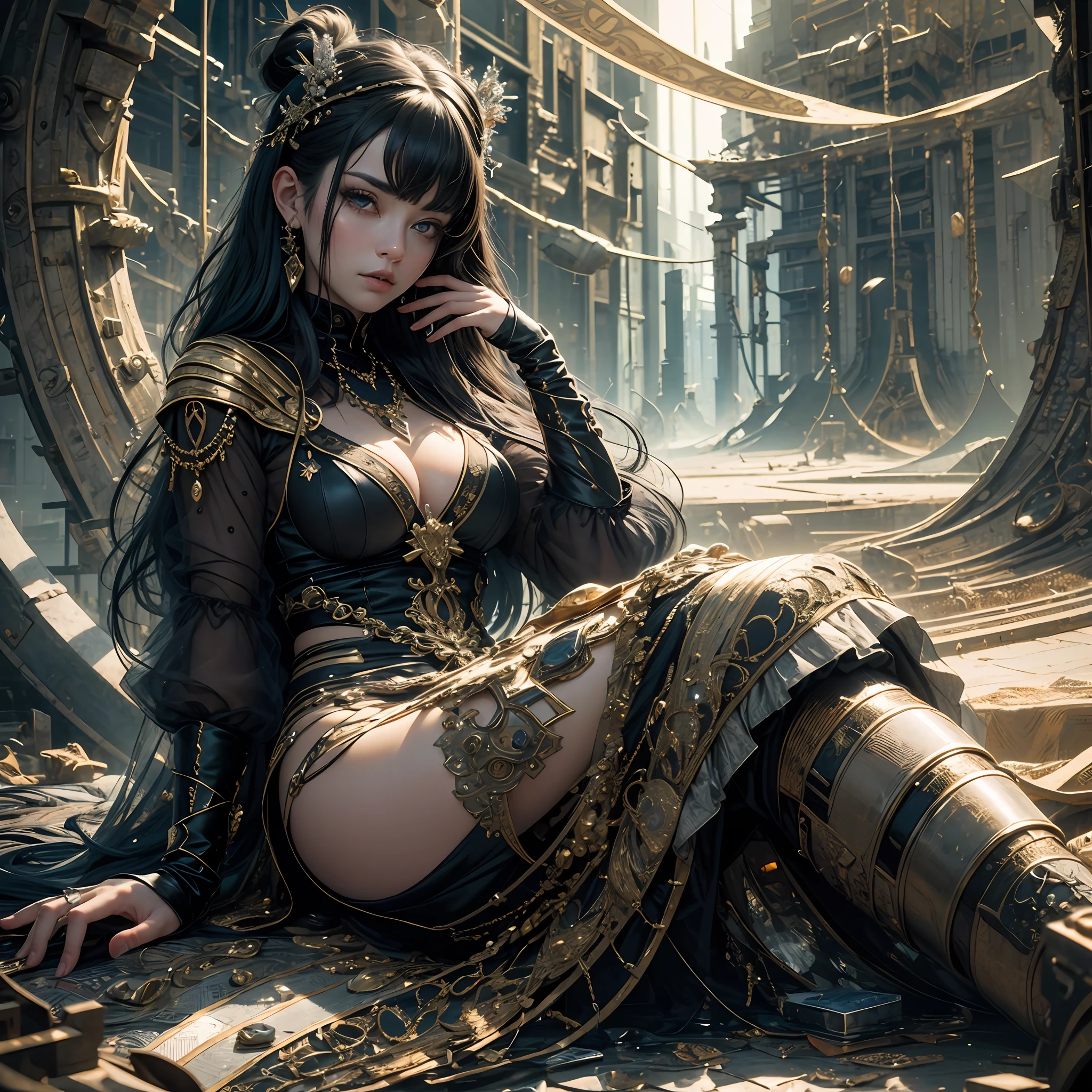 (masterpiece), best quality, ultra high-definition, ultra-detailed CG work, a majestic (black silk royal sister), disdainful eyes, straight and supple (black hair), sitting firmly high. --auto --s2