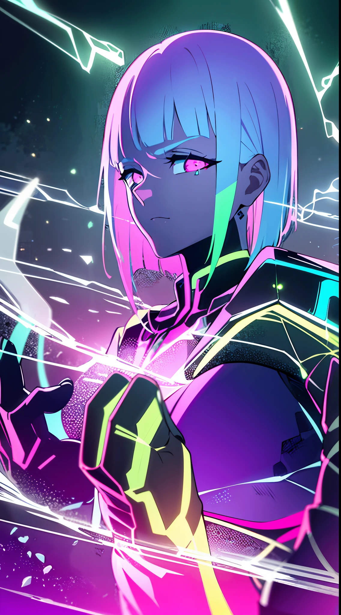 (masterpiece, detailed, high resolution:1.4), cyberpunk, cyberpunk 2077, cyberpunk night city neon background, metal cybernetic silver hand in the foreground in the frame, green-blue glitch effect around the hand, purple-pink neon glow, long hair, erotic, erotic, fluorescent yellow