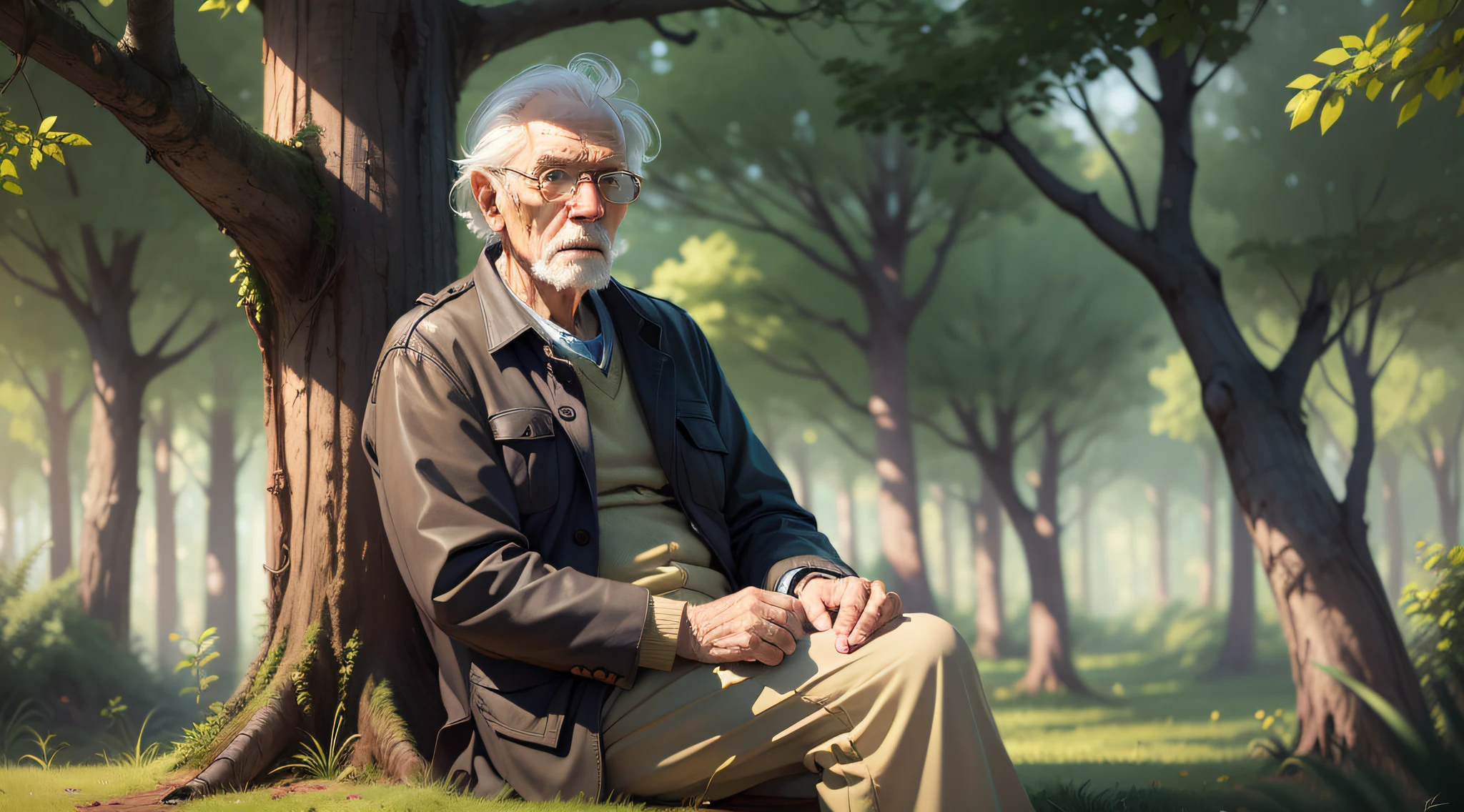 Drawing, ultra realistic, 8k, extremely detailed, in the best quality, an old man, wise, sitting under a tree, looking at the camera, in a beautiful forest during a sunny day