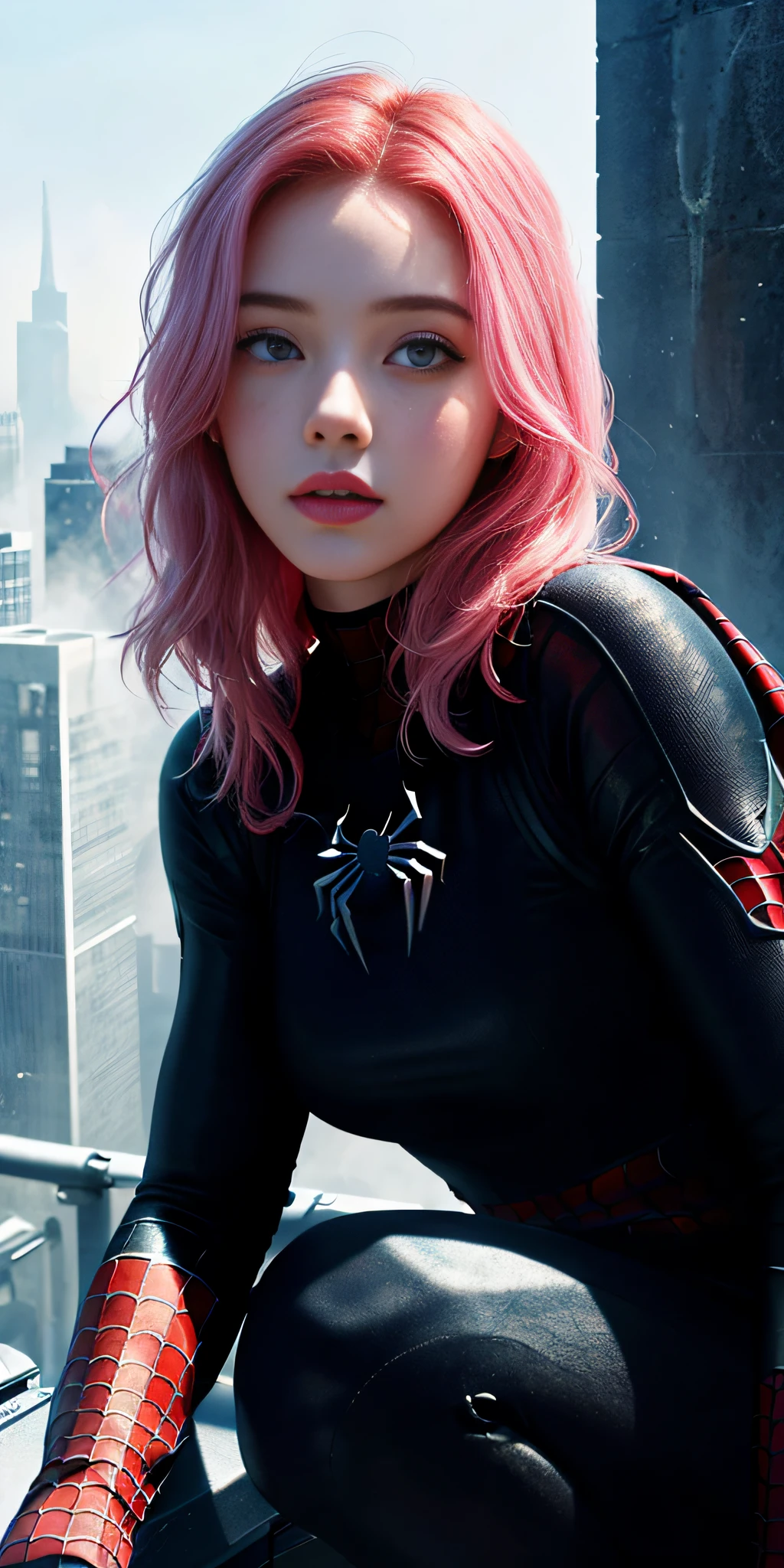 (1girl:1.3), Solo, (((Very detailed face)))), ((Very detailed eyes and face)))), Beautiful detail eyes, Body parts__, Official art, Unified 8k wallpaper, Super detailed, beautiful and beautiful, beautiful, masterpiece, best quality, original, masterpiece, super fine photo, best quality, super high resolution, realistic realism, sunlight, full body portrait, amazing beauty, dynamic pose, delicate face, vibrant eyes, (from the front), She wears Spider-Man suit, pink hair, red and black color scheme, spider, very detailed city roof background, rooftop, overlooking the city, detailed face, detailed complex busy background, messy, gorgeous, milky white, highly detailed skin, realistic skin details, visible pores, clear focus, volumetric fog, 8k uhd, DSLR, high quality, film grain, fair skin, photo realism, lomography, futuristic dystopian megalopolis, translucent