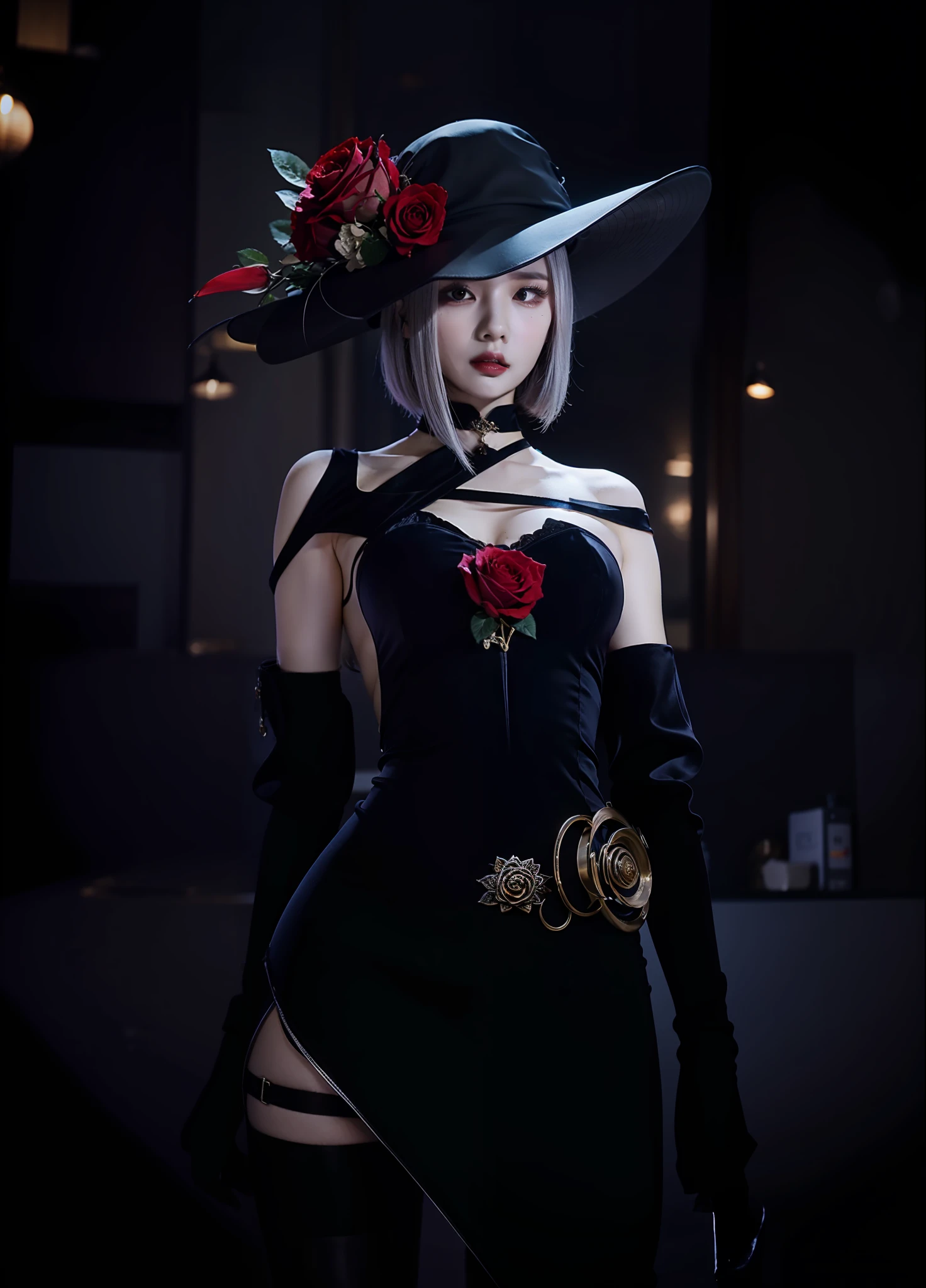 "4k, full body, an assassin, cos, rose, black young lady's hat, short silver hair, black cheongsam, off-the-shoulder, perfect portrait, perfect figure, noblewoman, silk satin, black stockings, black boots, standing, close to the screen."