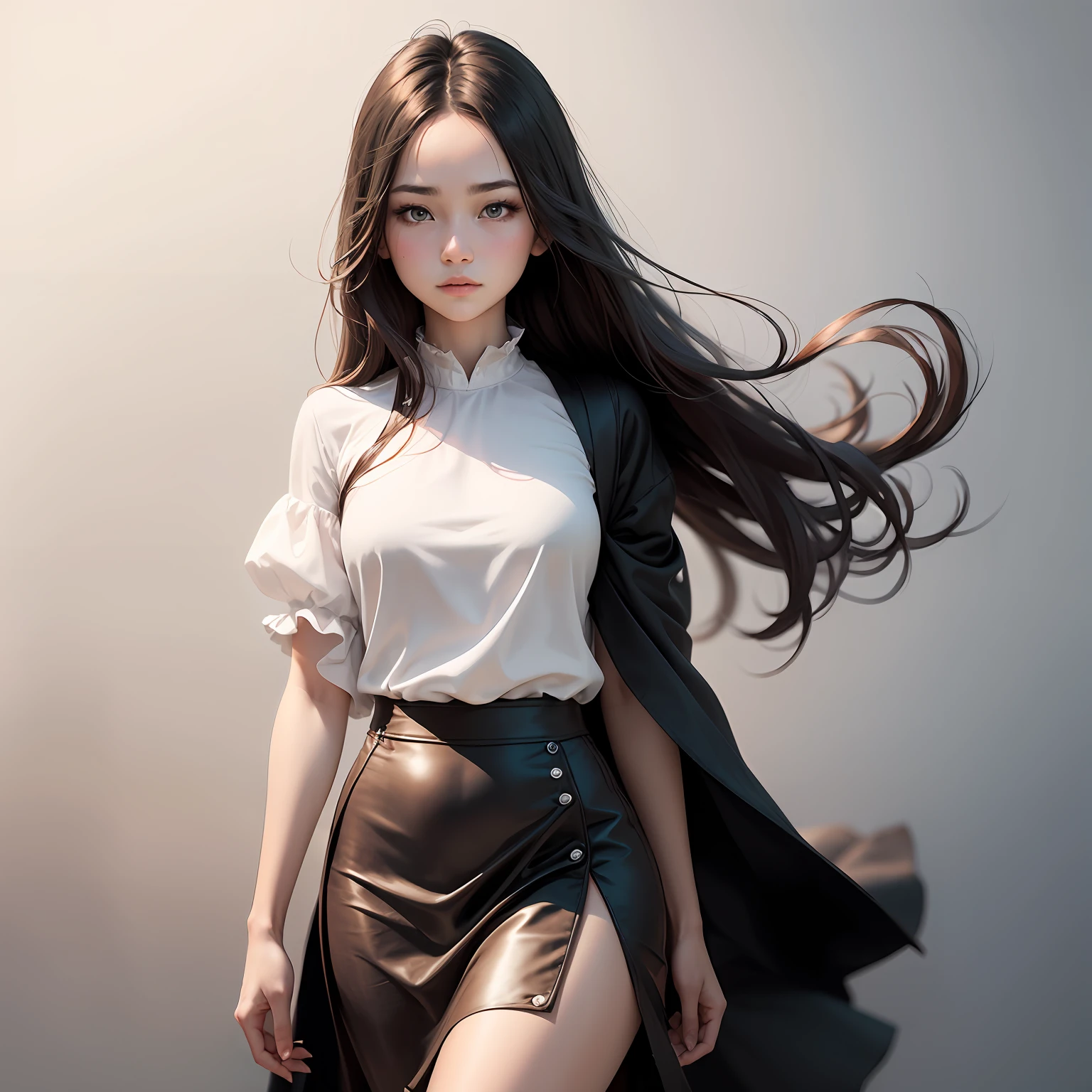 1 girl, calm expression, charming eyes, straight long hair, flowing skirt, calm posture, porcelain-like skin, subtle blush, (edge lighting): 1.2, white background, modern minimalist style female, standing --auto