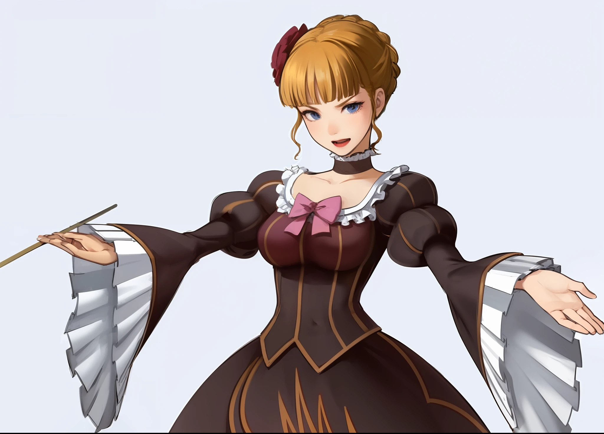 Best quality, ultra-high resolution, detailed faces, realism, face lifelike,
(high-density display: 1.4), dramatic rendering, complex background,
Crazy details, intricate details, hyper details, soft cinematic light, exposure mixing, high-density display, intense light and shadow, beatrice (umineko), bad smile, arrogance, open mouth, mockery, glowing blue eyes, blush, big breasts, V-shaped eyebrows, obscene expressions.