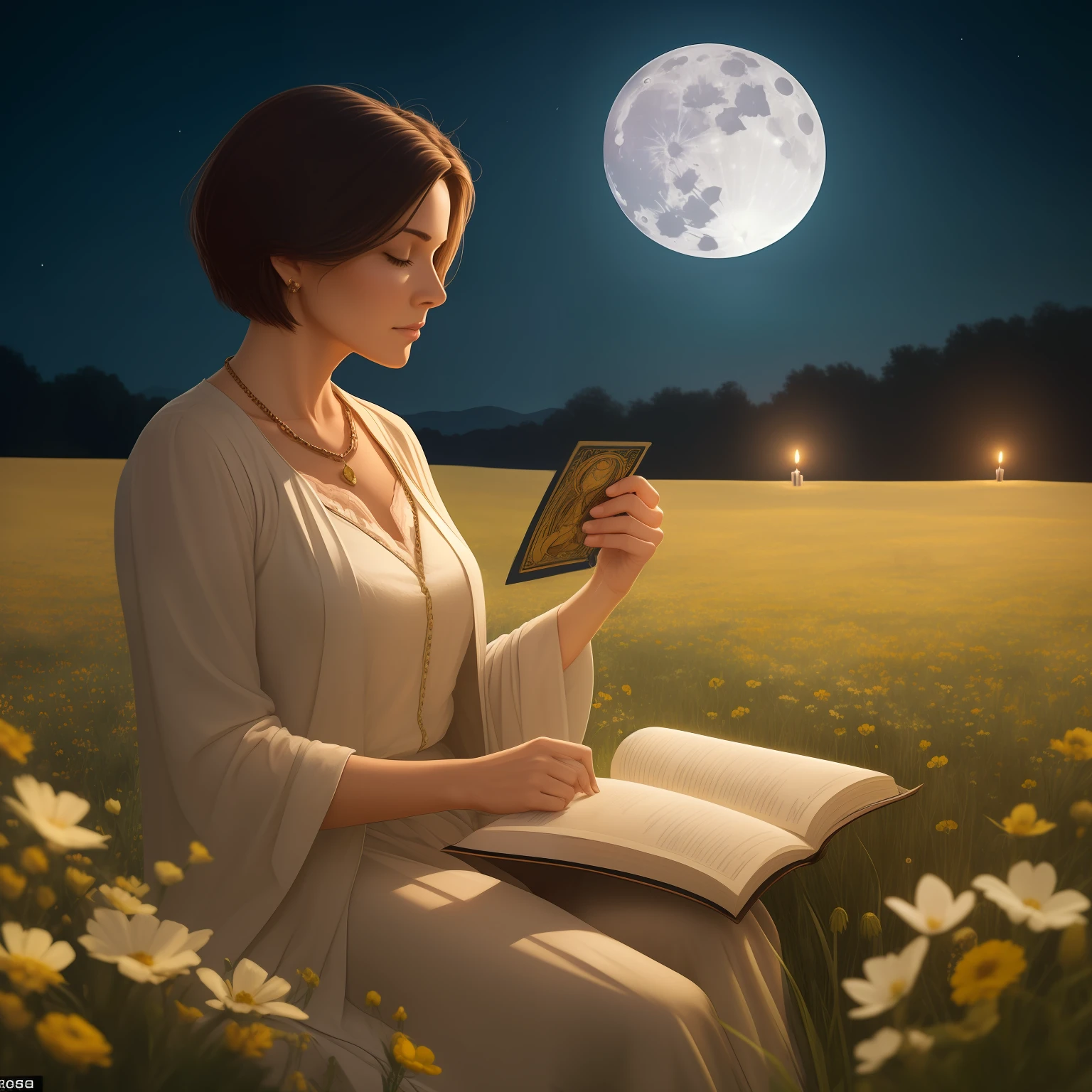 Woman of 40 with short hair in light brown color, detailed face, wearing tarologist clothes, reading mythological tarot cards to someone else, in a flowery field, with lit candles, full moon, late afternoon, ultra realistic