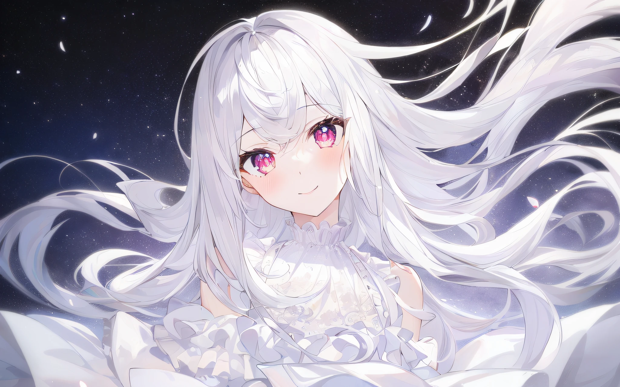 1girl, full body, denim photo, (Rembrandt), illustration, (masterpiece), (best quality), (ultra_detailed), finely detail, (Depth of field), gloves, long hair, star\ (symbol\), looking at viewer, (Silver hair:1.2), red eyes, upper body, hair ornament, :p, frills, pink shirt, smile, sleeveless, shirt, idol, symbol-shaped pupils, hands up, brags smile, sleeveless, shirt, idol, hands up, bangs, side up, arms up, skirt pulling, roaring twenties, isometric, seen from above, sky, flowers, cliffs，