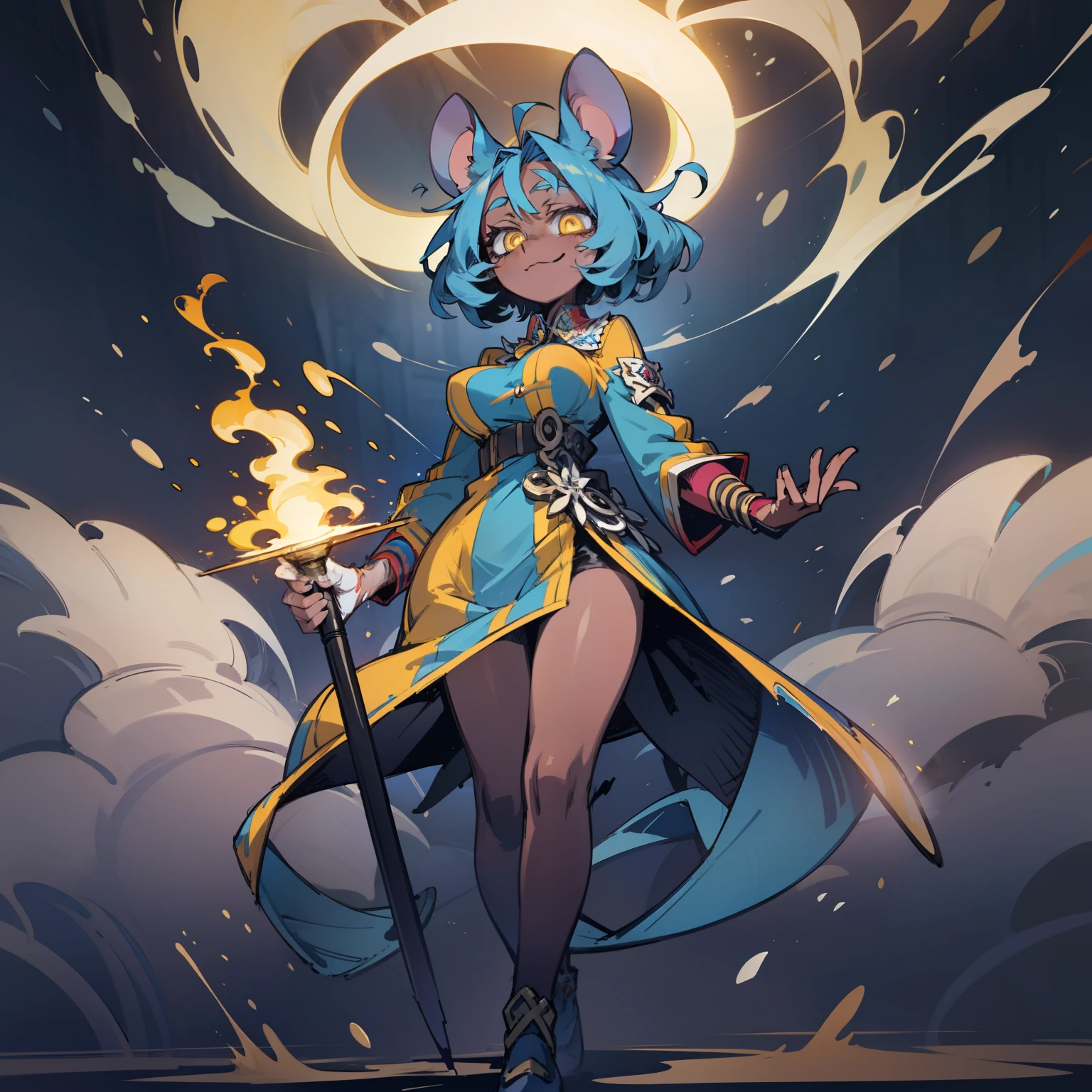 court jester dress, blue mouse ears, blue mouse tail, blue hair, dark skin, mouse ears, Alone, happy look, animated look, closed mouth, calm look, Big breasts, holding torch with rainbow flames, 1 girl, dark skin tone, adult, tall, standing up, white eyes, bright eyes, high detail, battered clothes, medium bust, Burnt clothes, blue rat ears, background fire, full body
