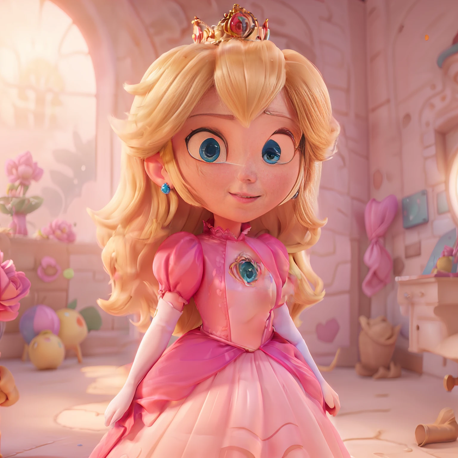 3D,3D render, global illumination, subsurface scattering, pixar style, Princess_Peach (wearing pink gown),, 1girl, blonde hair, seductive expression, sexy eyes, shiny skin, simple background