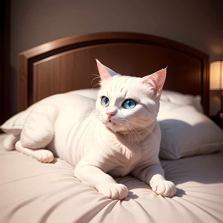 A white cat, Snow-white fur, anime style, super cute, (indoor: 0.9), (queen bed: 1.5), (saliva: 1.1), blue eyes, cute, drool, anime realism style, ultra clear, mid-range photography, anime