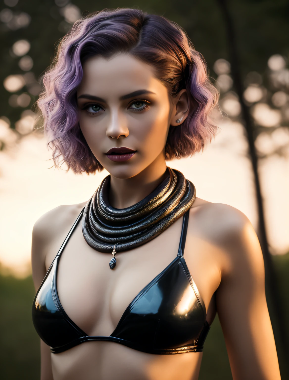 half body length high resolution award winning photograph of medusa the gorgon, black snakes for short hair, snake heads hissing, beautiful face, perfect face, well formed facial features, damp grey sliver skin tone, lilac eyes, clear transparent see through crop top, small breasts, perfectly formed breasts, leather loincloth, in a dark forest, night, moonlight, low light, elaborate jewels around the neck, erotic, cinematic look, short depth of field, low contrast, low light, muted colours, twilight, accurate face, high quality detail facial features, accurate hands, accurate feet, gothic, rgb, rave, led
