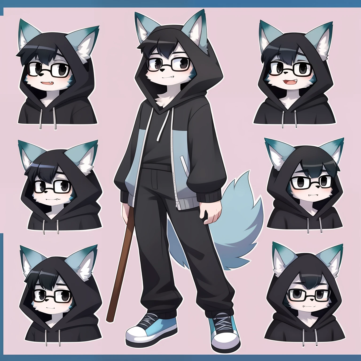Furry, black eyes, solo, furry, furry male, minor, full body fur, fluffy fur, white paws, gray-blue fur, white fur, gray long dark blue sweatshirt, gray long black pants, black hair, black glasses, small canine teeth, fluffy blue tail, short hair, fangs, hood, boring, serious, black hair, sweeping bangs, high detail, reference sheet
