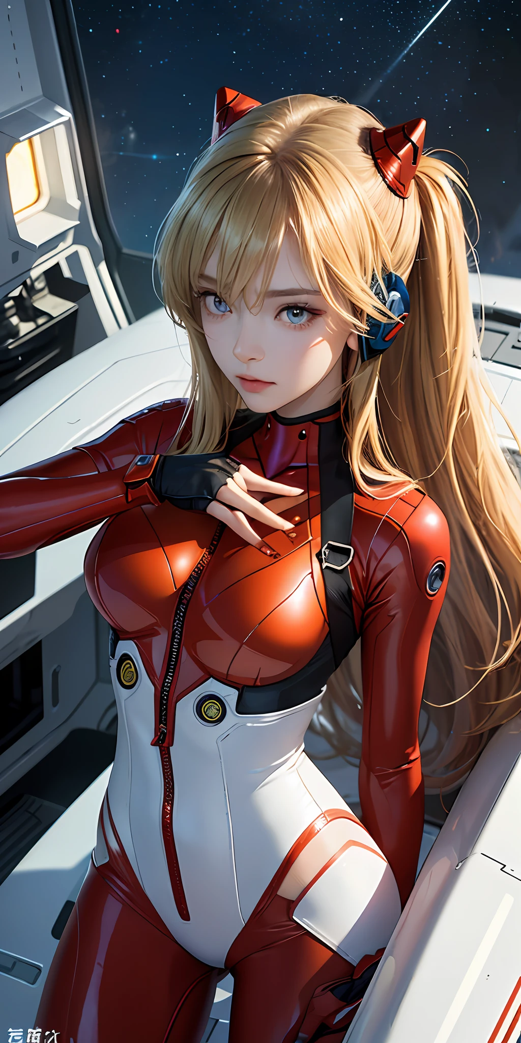 (Overhead view),dynamic angle,ultra-detailed, illustration, close-up, straight on, 1girl, 
 ((souryuu asuka langley, interface headset, red bodysuit:1.4, blonde)),Her eyes shone like dreamy stars,(glowing eyes:1.233),(beautiful and detailed eyes:1.1),(expressionless,closed mouth),(standing), 
(mechanic room with toolsand spaceship windowin a white SPACESHIP),
(night:1.2),dreamy, [[delicate fingers and hands:0.55]::0.85],(detail fingers),