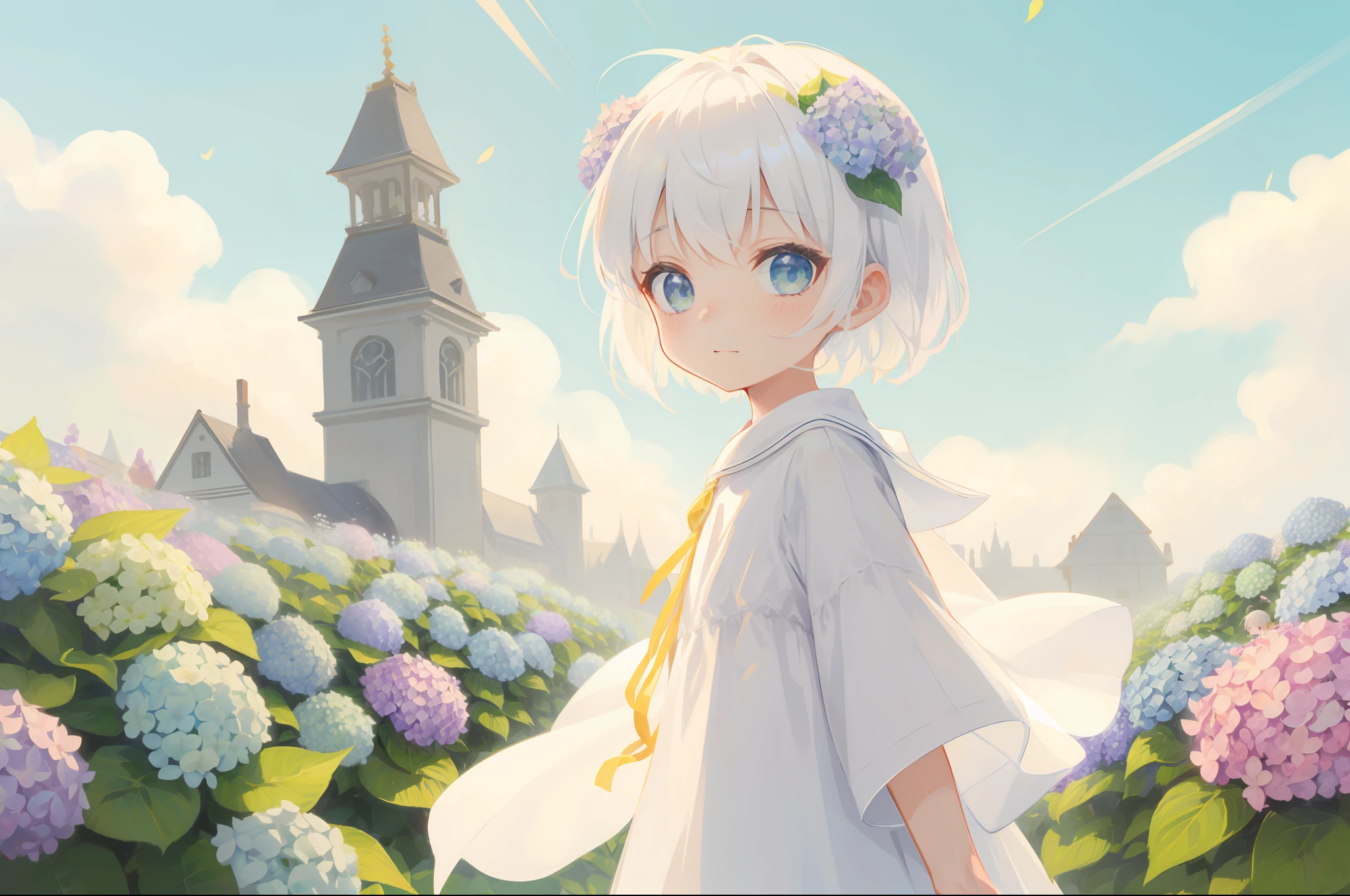 (8k),  boy with white hair and brefoot, walking in a flower field, (hydrangeas: 1.1), under the warm sun, diffuse, brightly colored, golden section, 2D