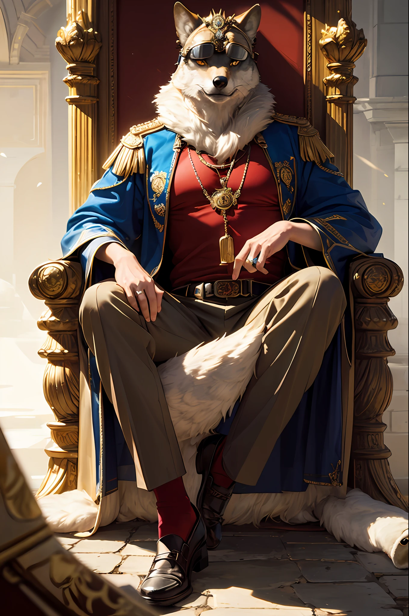 masterpiece, best quality, realistic, fashion wolf king, wolf, glasses on the head, gear, gemstones, goggles, gold, jewelry, magic circle,male_focus, owl, pants, shoes, sunglasses, tassels, throne,