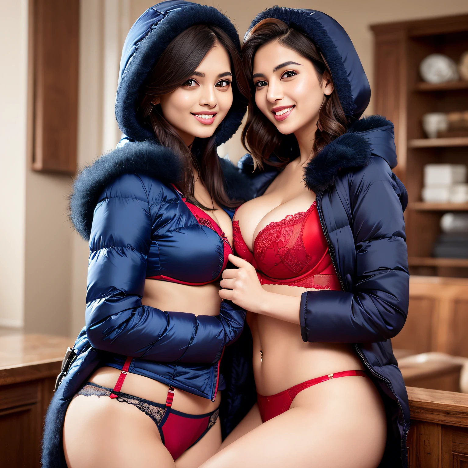 Group of beautiful indian women, wearing ((navy blue silk puffer coats, fur hoods), ((red silk)) bras, sheer panties), ((touching each other's coats and bras)), smiling, seductive, large breasts, cute
