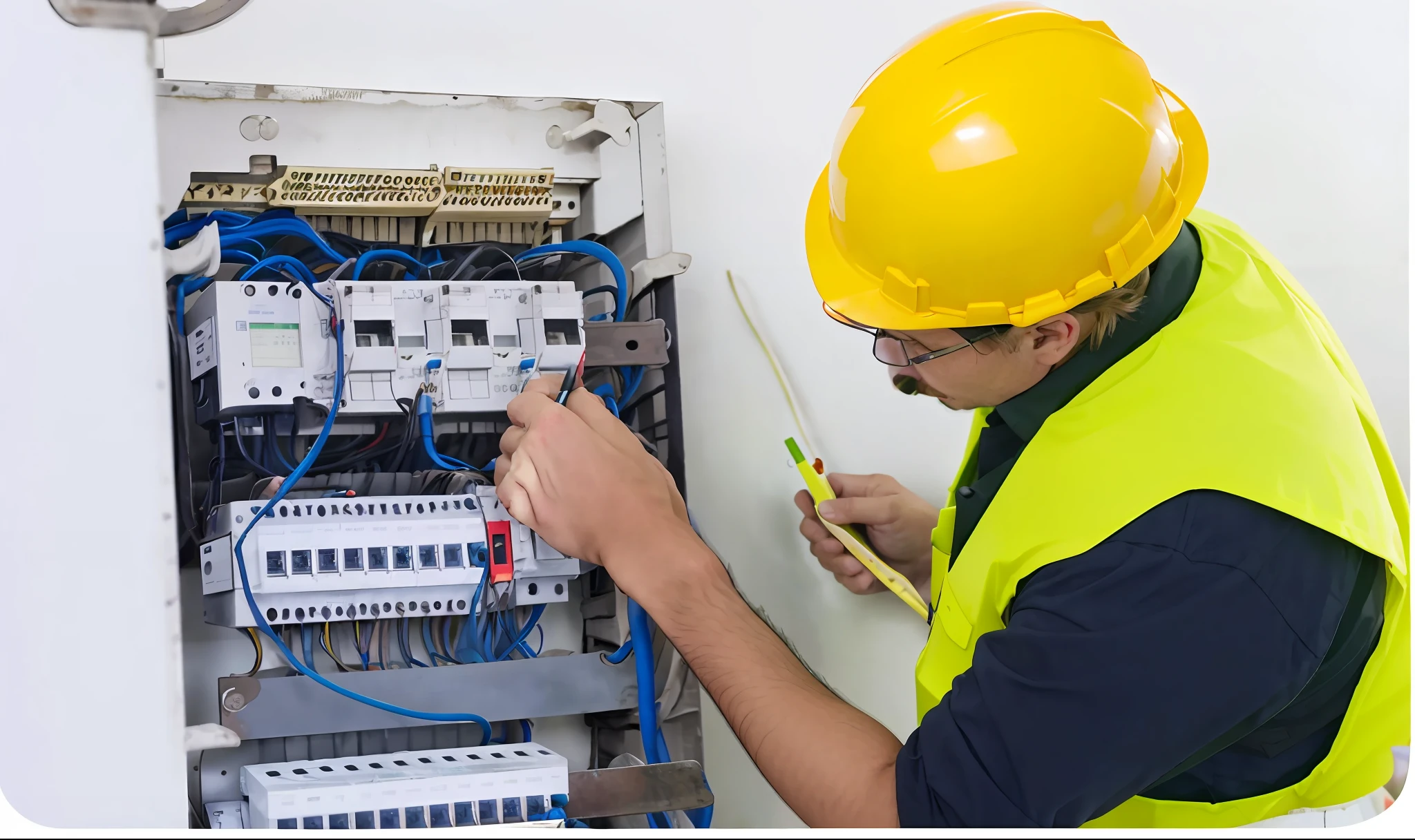 a close up of a person in a hard hat working on a machine, electrical wiring!, electrical details, electrical, inspect in inventory image, maintenance photo, holding electricity, electrical signals, professional work, electrical plant location, electrical appendages, electrical arcs, electrical wires, pièce de résistance, maintenance, revealing wires and electronics
