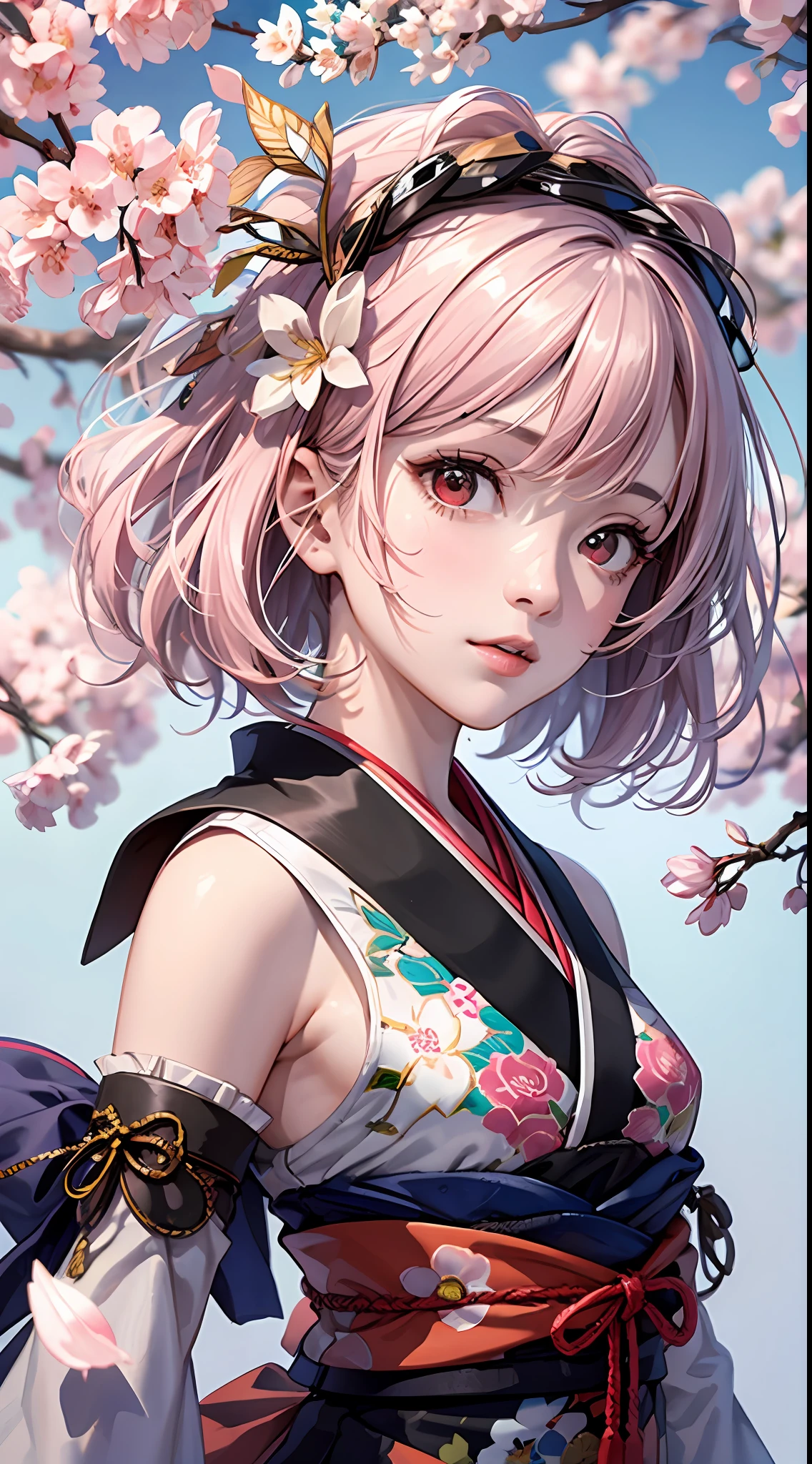 ((masterpiece)),((best quality)),(ultra-detailed),((extremely detailed body)),((extremely detailed CG 8k wallpaper)),HDR,1girl,solo,red eyes,japanese clothes,kimono,hair ornament,pink hair,detached sleeves,short hair,flower,white hair,multicolored hair,gradient hair,hair flower,Black clothes,Under the cherry blossom tree,Cherry blossom petal,spring,Blue sky,