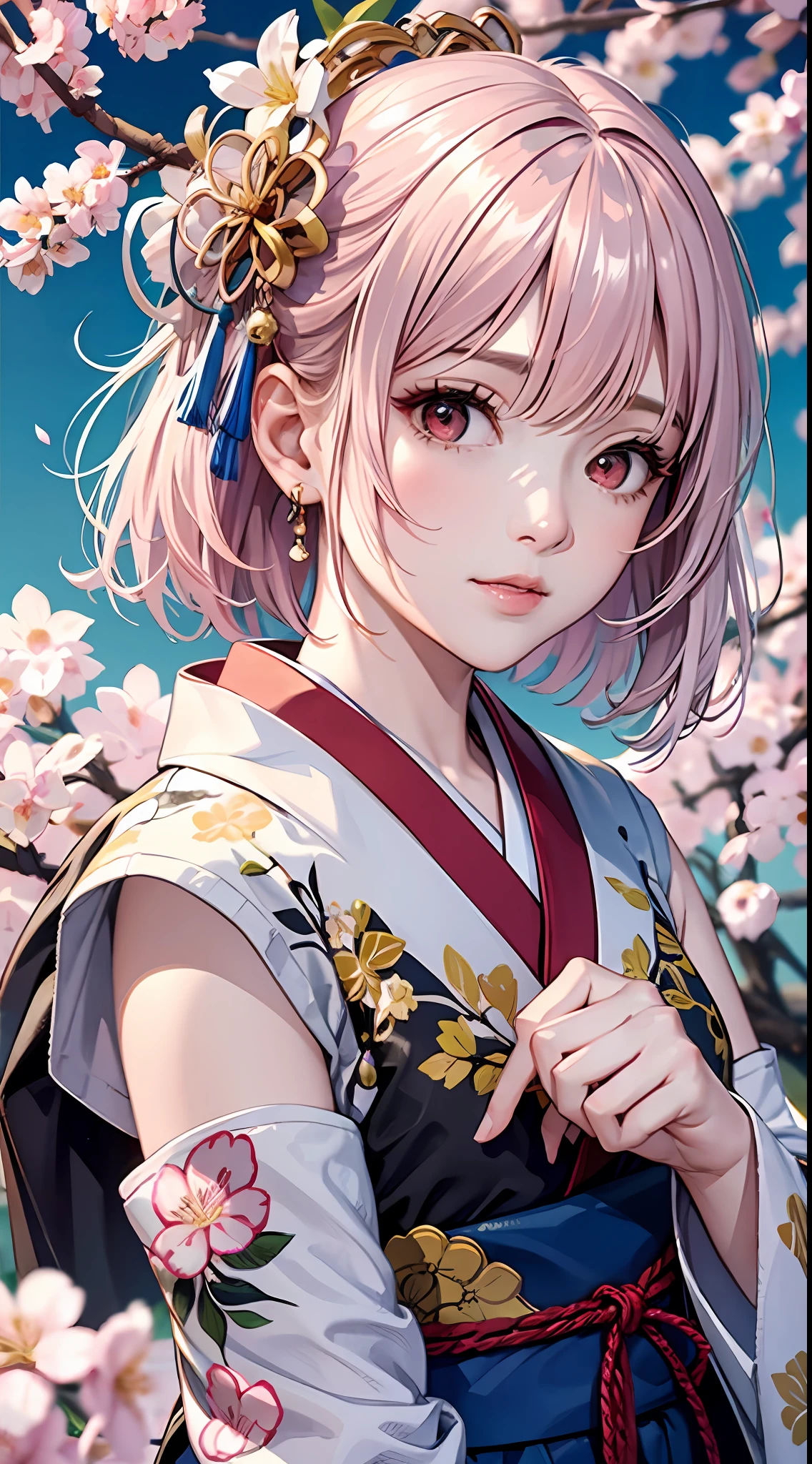 ((masterpiece)),((best quality)),(ultra-detailed),((extremely detailed body)),((extremely detailed CG 8k wallpaper)),HDR,1girl,solo,red eyes,japanese clothes,kimono,hair ornament,pink hair,detached sleeves,short hair,flower,white hair,multicolored hair,gradient hair,hair flower,Black clothes,Under the cherry blossom tree,Cherry blossom petal,spring,Blue sky,