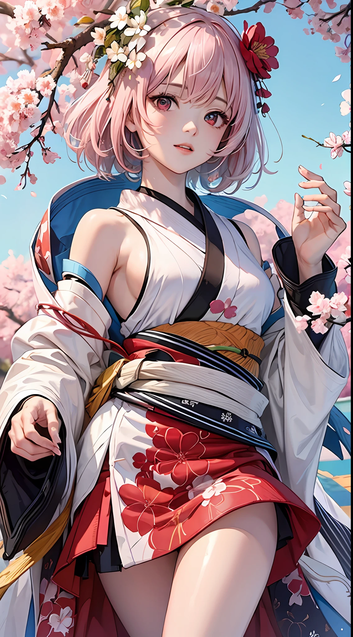 ((masterpiece)),((best quality)),(ultra-detailed),((extremely detailed body)),((extremely detailed CG 8k wallpaper)),HDR,1girl,solo,red eyes,japanese clothes,kimono,hair ornament,pink hair,detached sleeves,short hair,flower,white hair,multicolored hair,gradient hair,hair flower,Black clothes,Under the cherry blossom tree,Cherry blossom petal,spring,Blue sky,