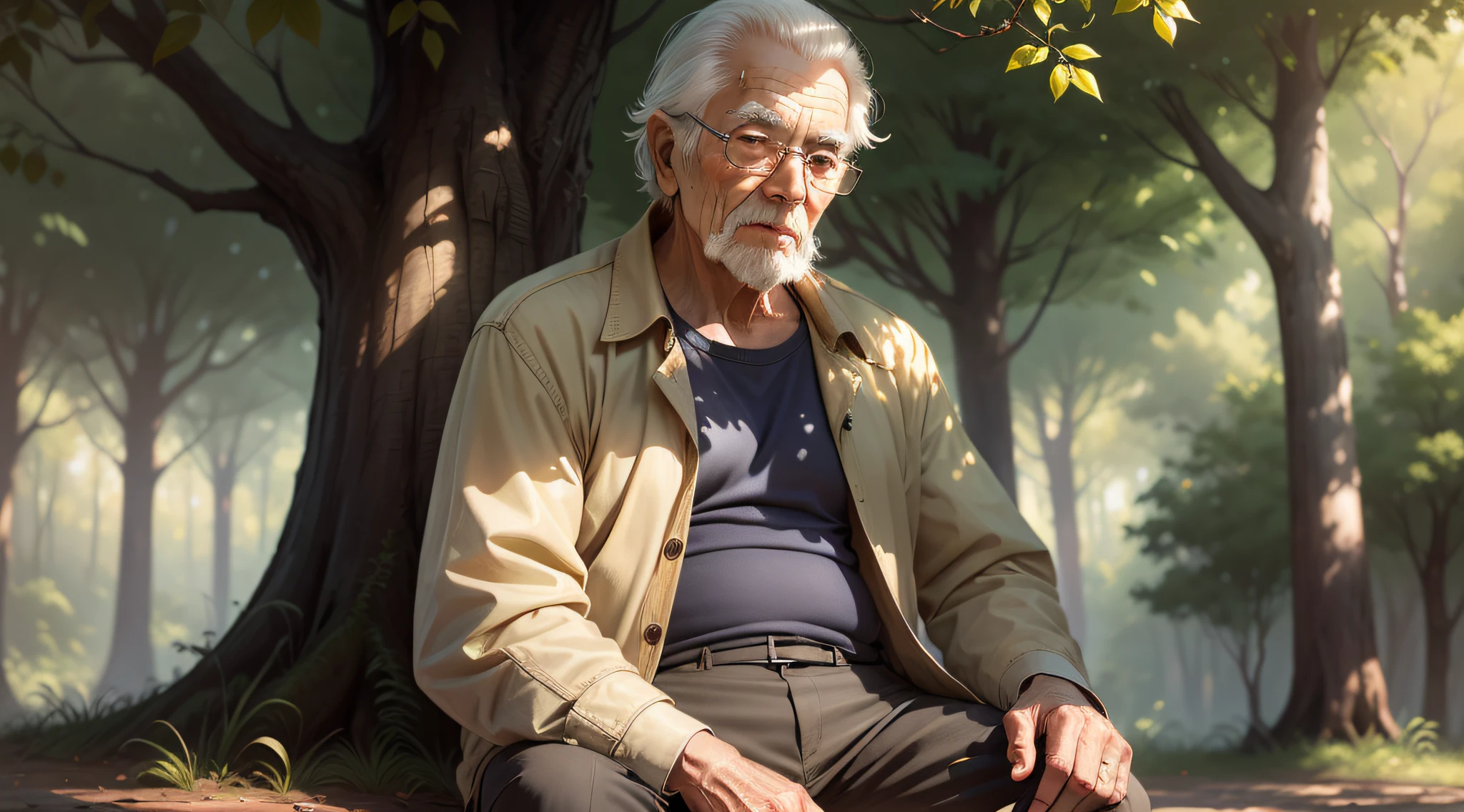 Drawing, ultra realistic, 8k, extremely detailed, in the best quality, an old man, wise, sitting under a tree, next to you, sitting, a man, young, 20 years old, oriental, short hair, sitting, looking at the camera, in a beautiful forest during a sunny day