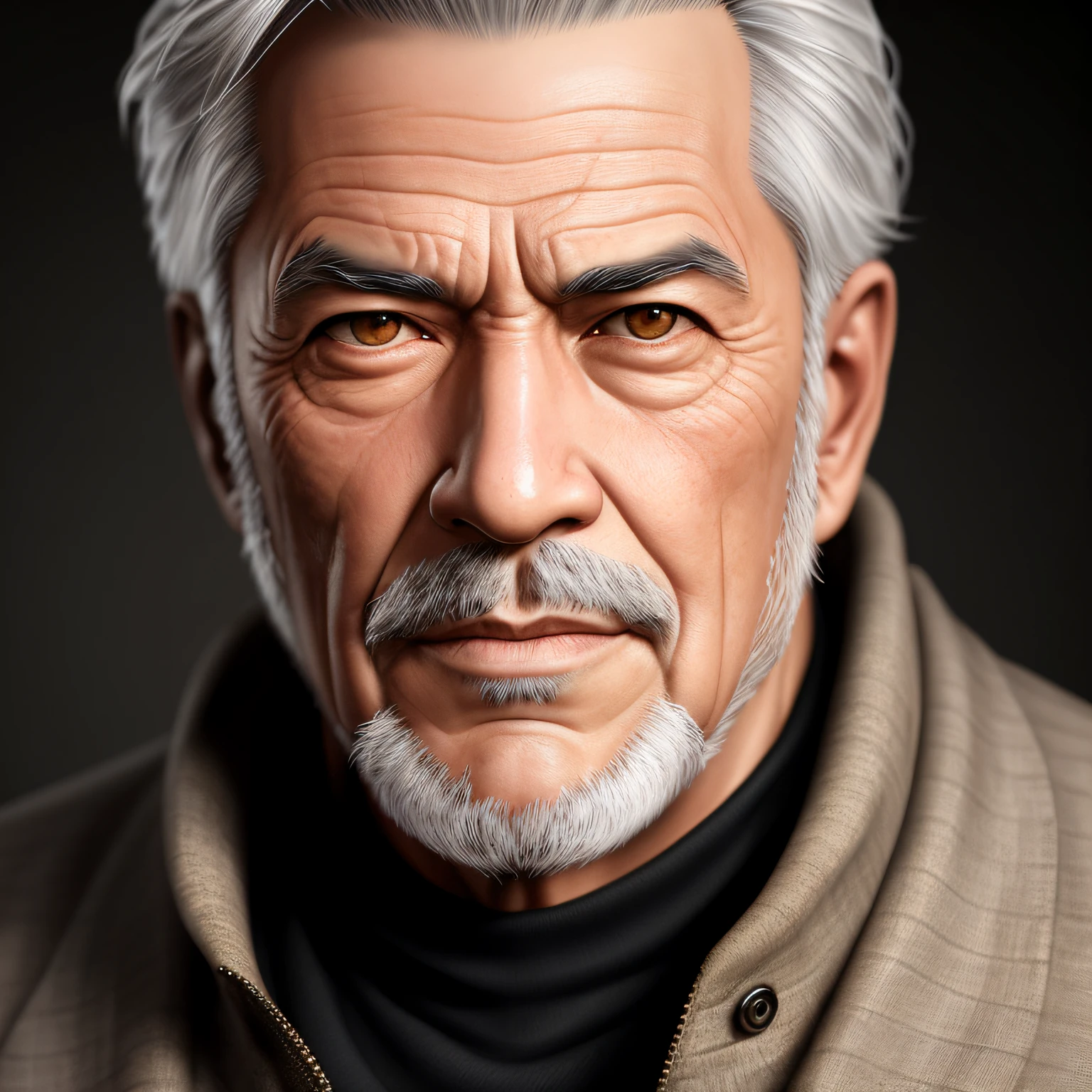 Arafed oriental man with a gray beard and a gray jacket, 3d render senior artist, closeup character portrait, realistic digital illustration, cinematic realistic portrait, realistic digital painting, detailed realistic face, realistic detailed face portrait, high detail iconic character, highly detailed realistic face, realistic photo portrait, closeup character portrait, very realistic digital art, photorealistic digital painting, realistic portrait