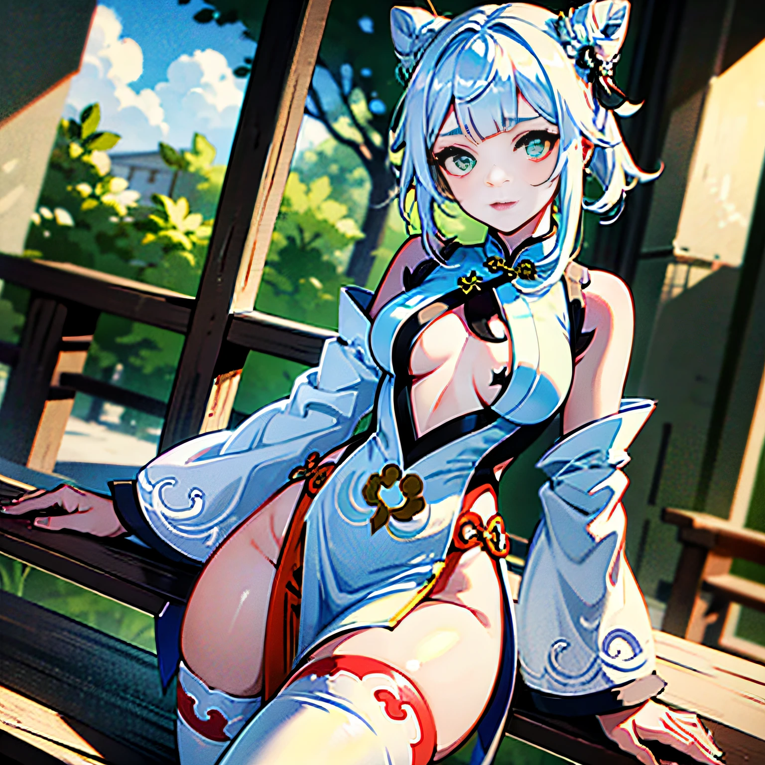 Lori, white hair, bun head, petite figure, cheongsam, breasts come out. White stockings, Genshin character, pointed ears, green eyes, cross-shaped pupils, Genshin Nasida