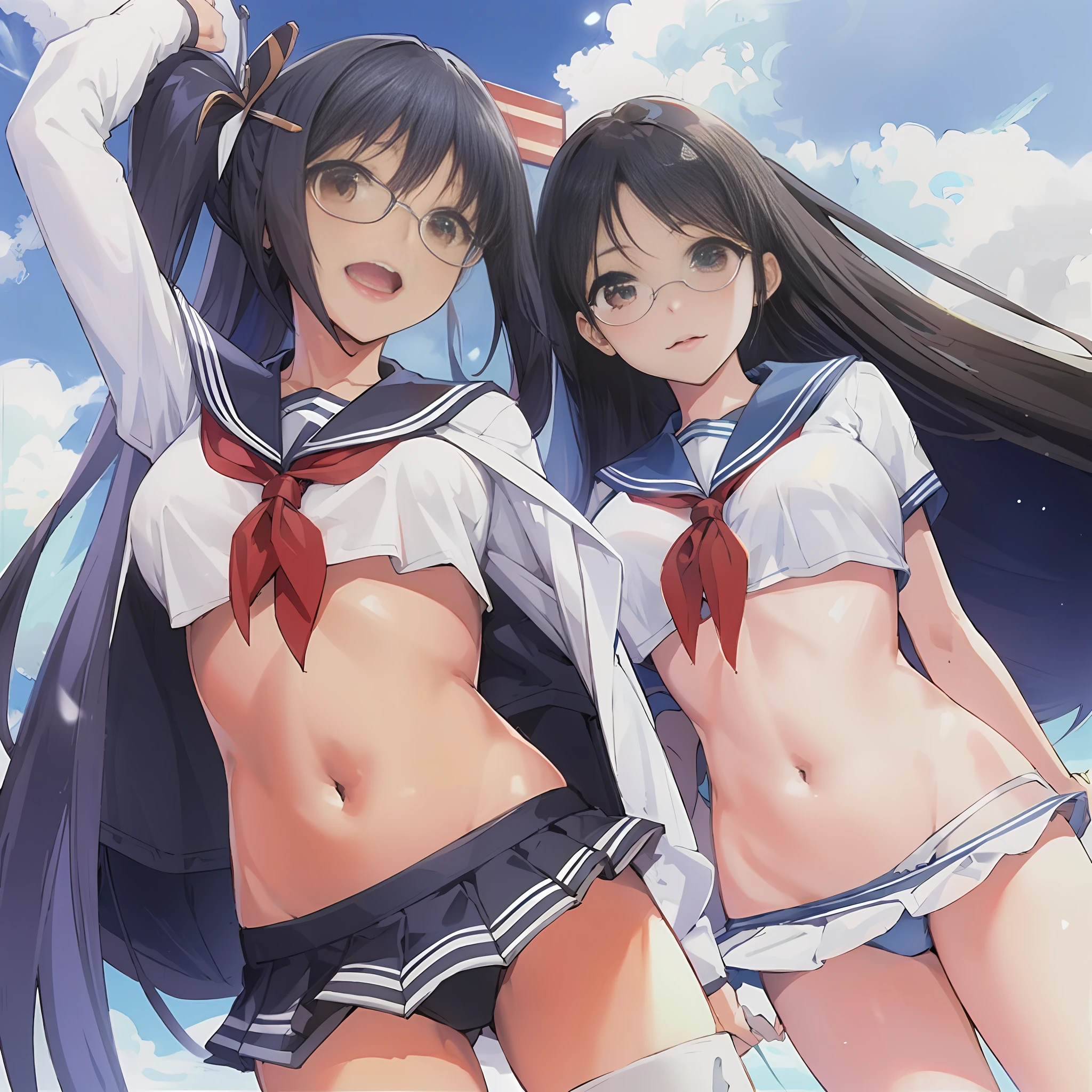 anime girls in sailor suits posing for a picture in the sky, kantai collection style, twintails, nagatoro, ecchi anime style, konpeki no kantai, official artwork, kantai collection arcade, azur lane style, kancolle, anime girls, smooth anime cg art, seifuku, anime moe artstyle, ecchi
